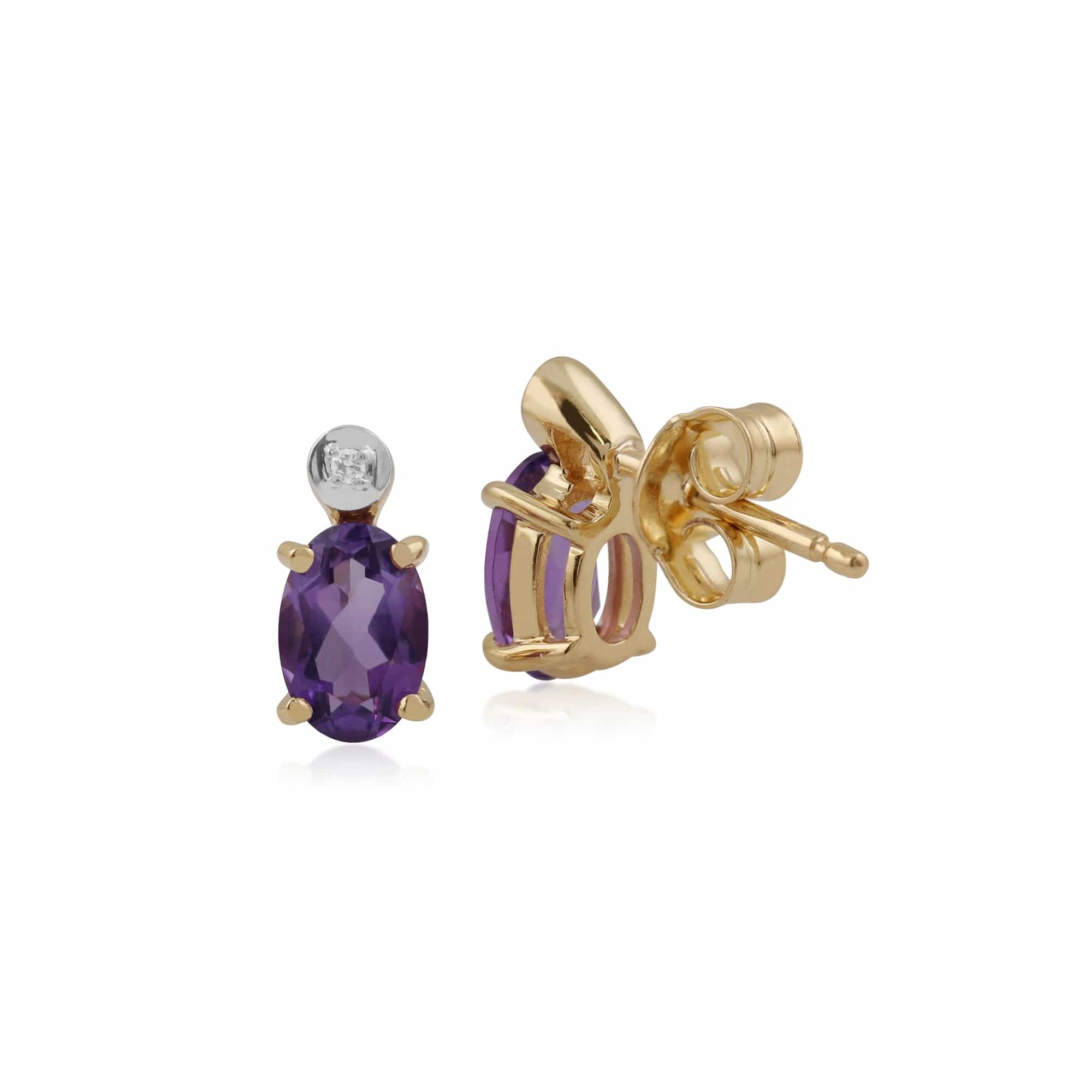 Classic Oval Amethyst & Diamond Stud Earrings in 9ct Yellow Gold - Gemondo