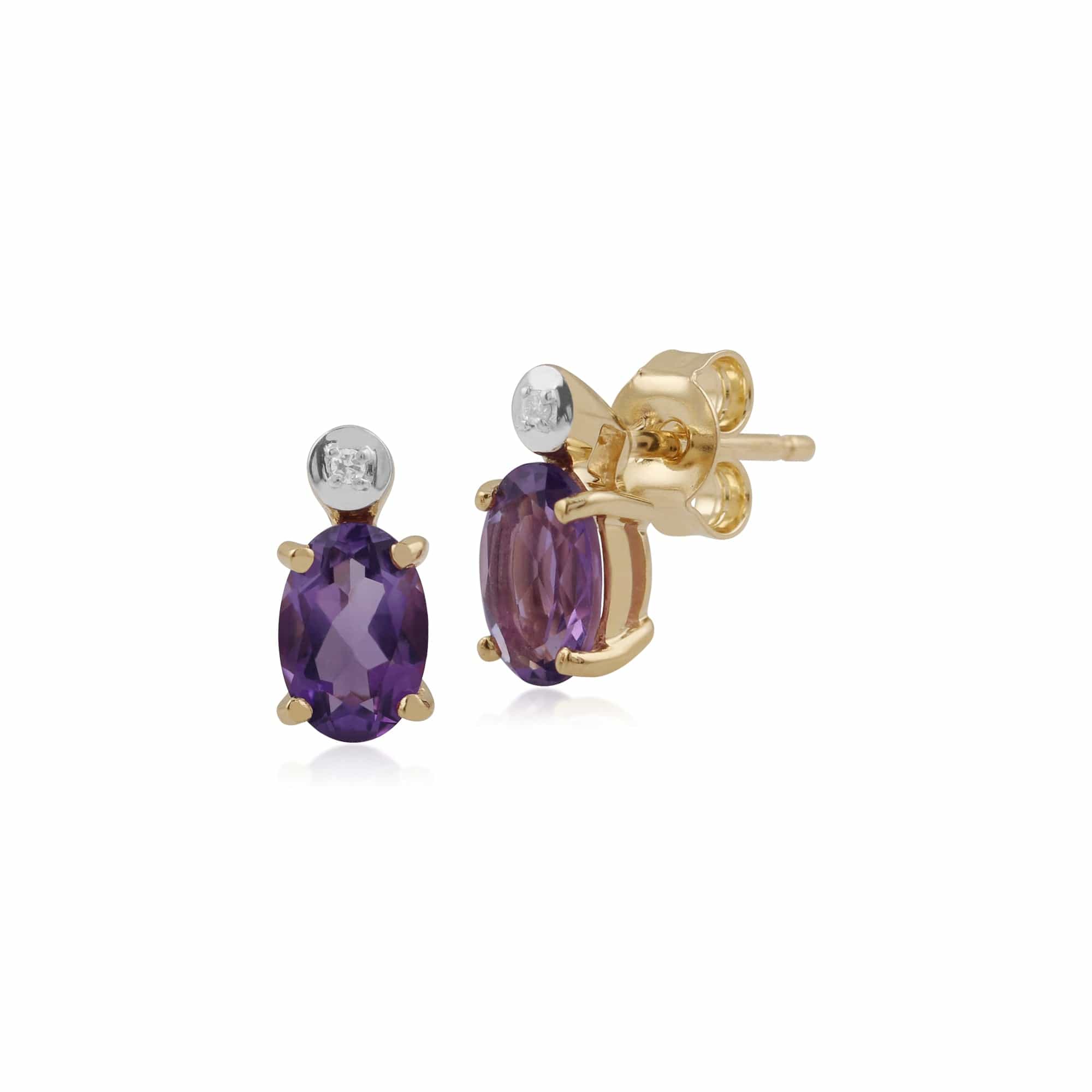 Classic Oval Amethyst & Diamond Stud Earrings in 9ct Yellow Gold - Gemondo