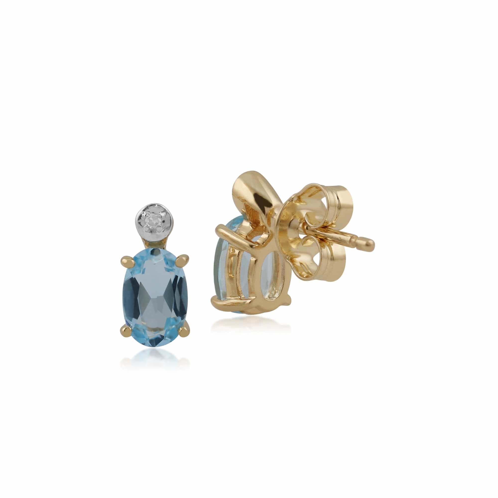 Classic Oval Blue Topaz & Diamond Stud Earrings in 9ct Yellow Gold - Gemondo