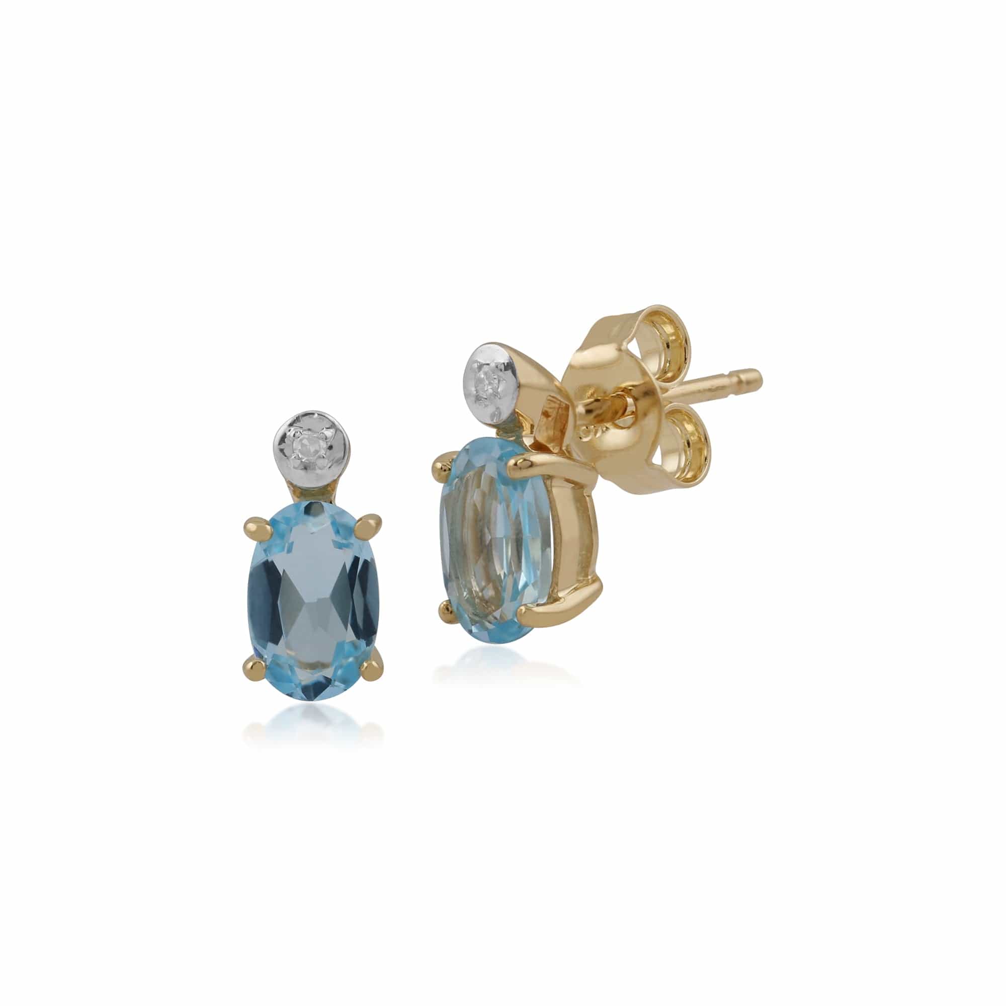 Classic Oval Blue Topaz & Diamond Stud Earrings in 9ct Yellow Gold - Gemondo