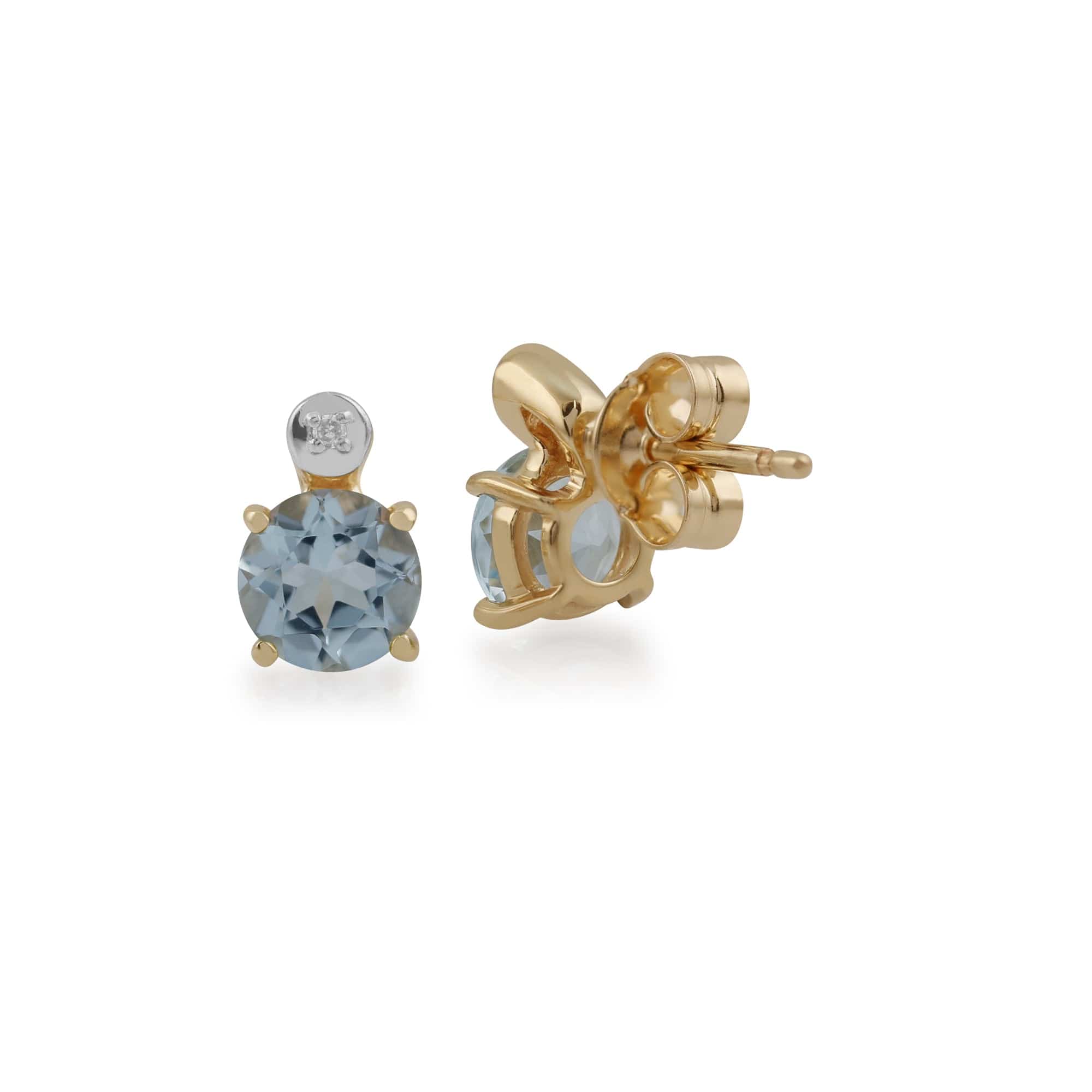 Classic Round Aquamarine & Diamond Stud Earrings in 9ct Yellow Gold - Gemondo