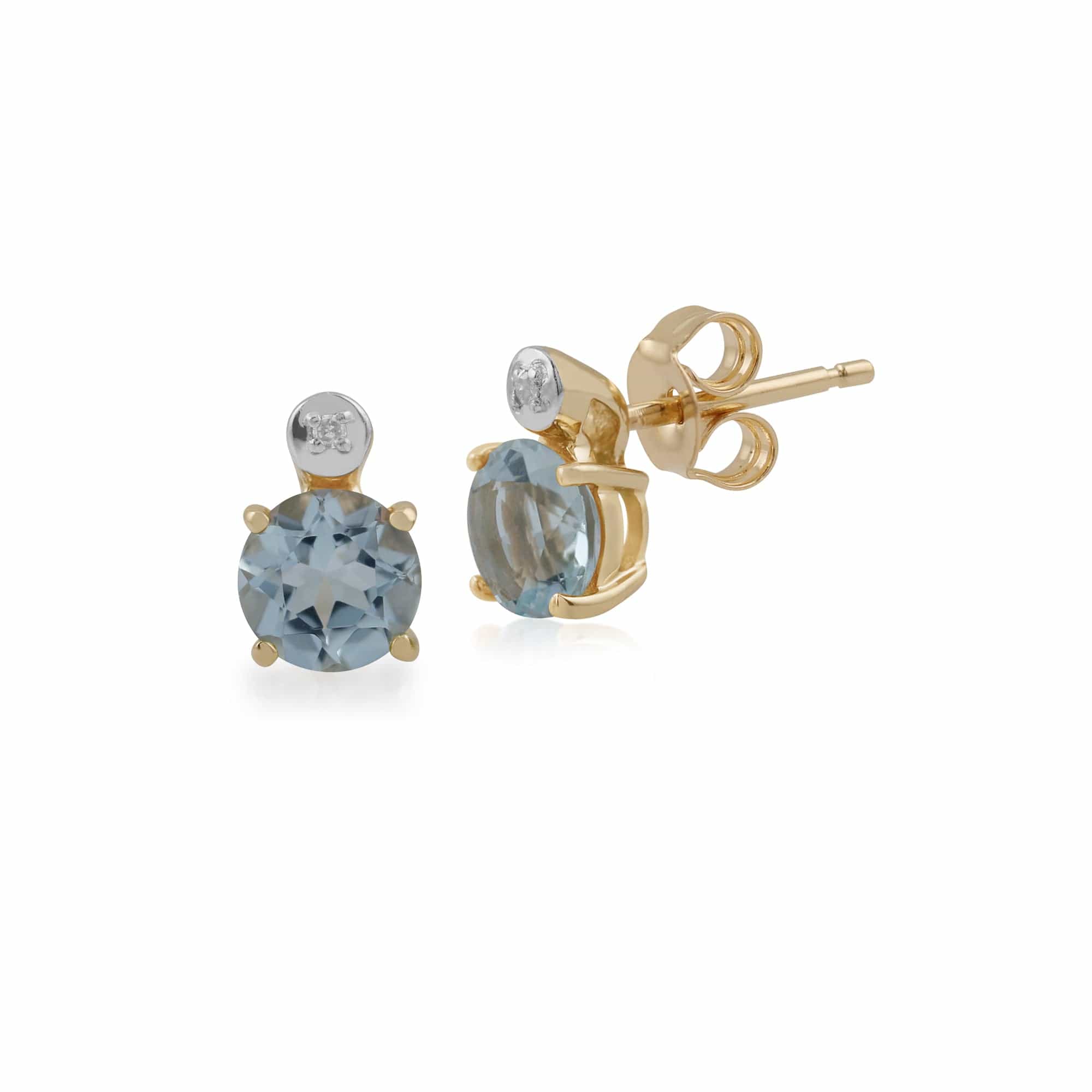 Classic Round Aquamarine & Diamond Stud Earrings in 9ct Yellow Gold - Gemondo