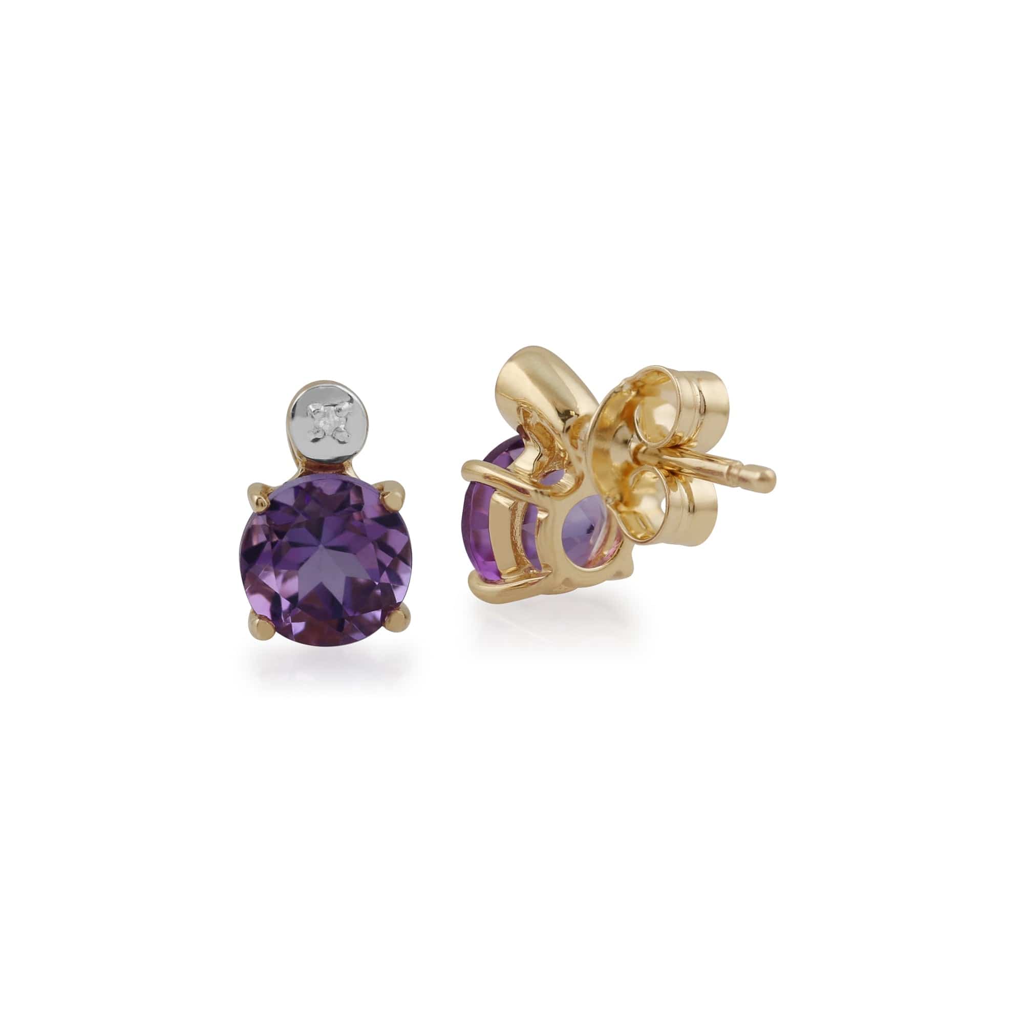 Classic Round Amethyst & Diamond Stud Earrings in 9ct Yellow Gold - Gemondo