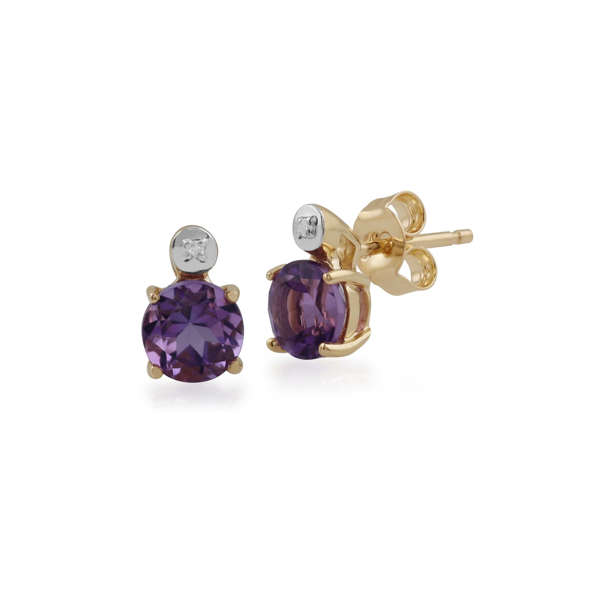 Classic Round Amethyst & Diamond Stud Earrings in 9ct Yellow Gold - Gemondo