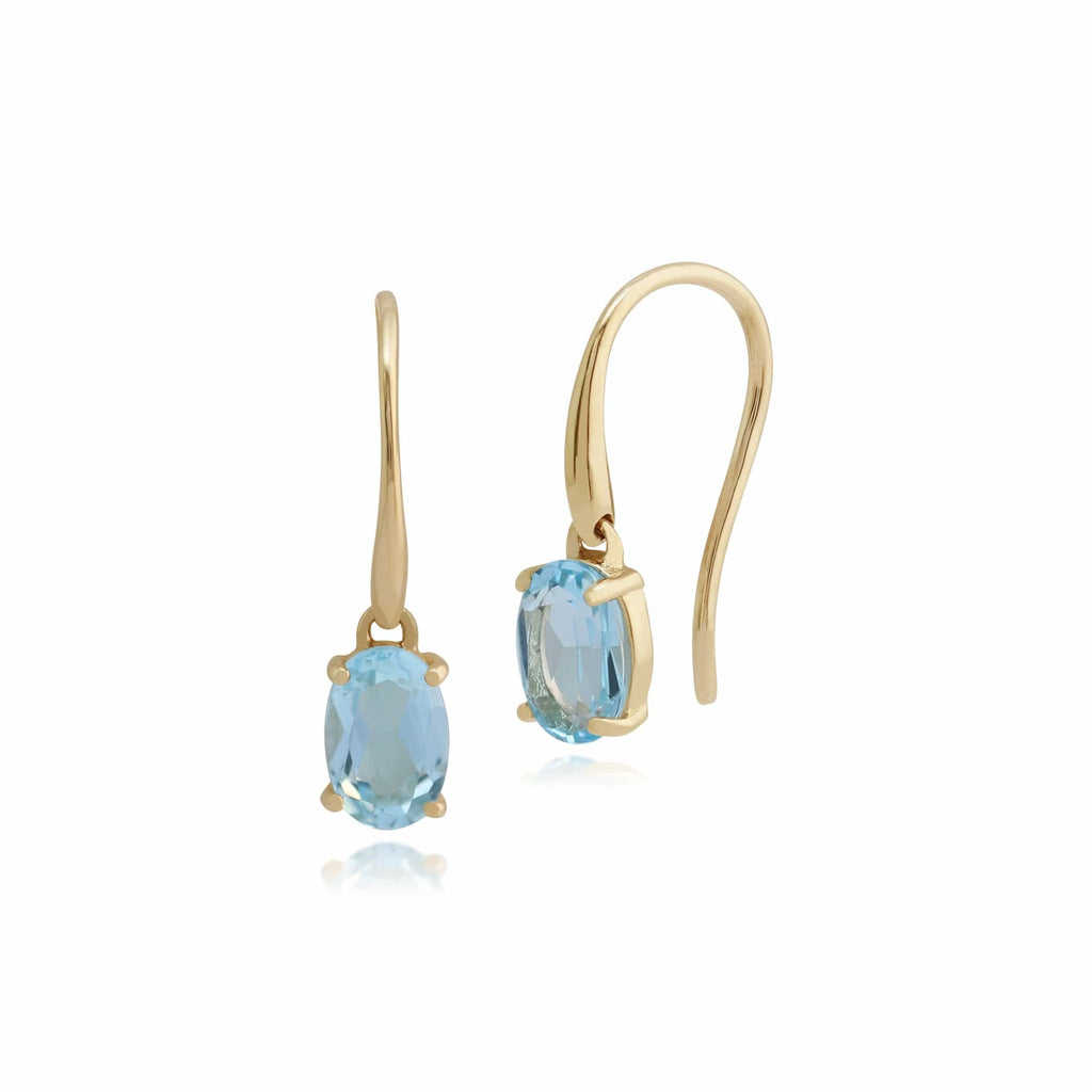 Classic Oval Blue Topaz Claw Set Drop Earrings 9ct Yellow Gold