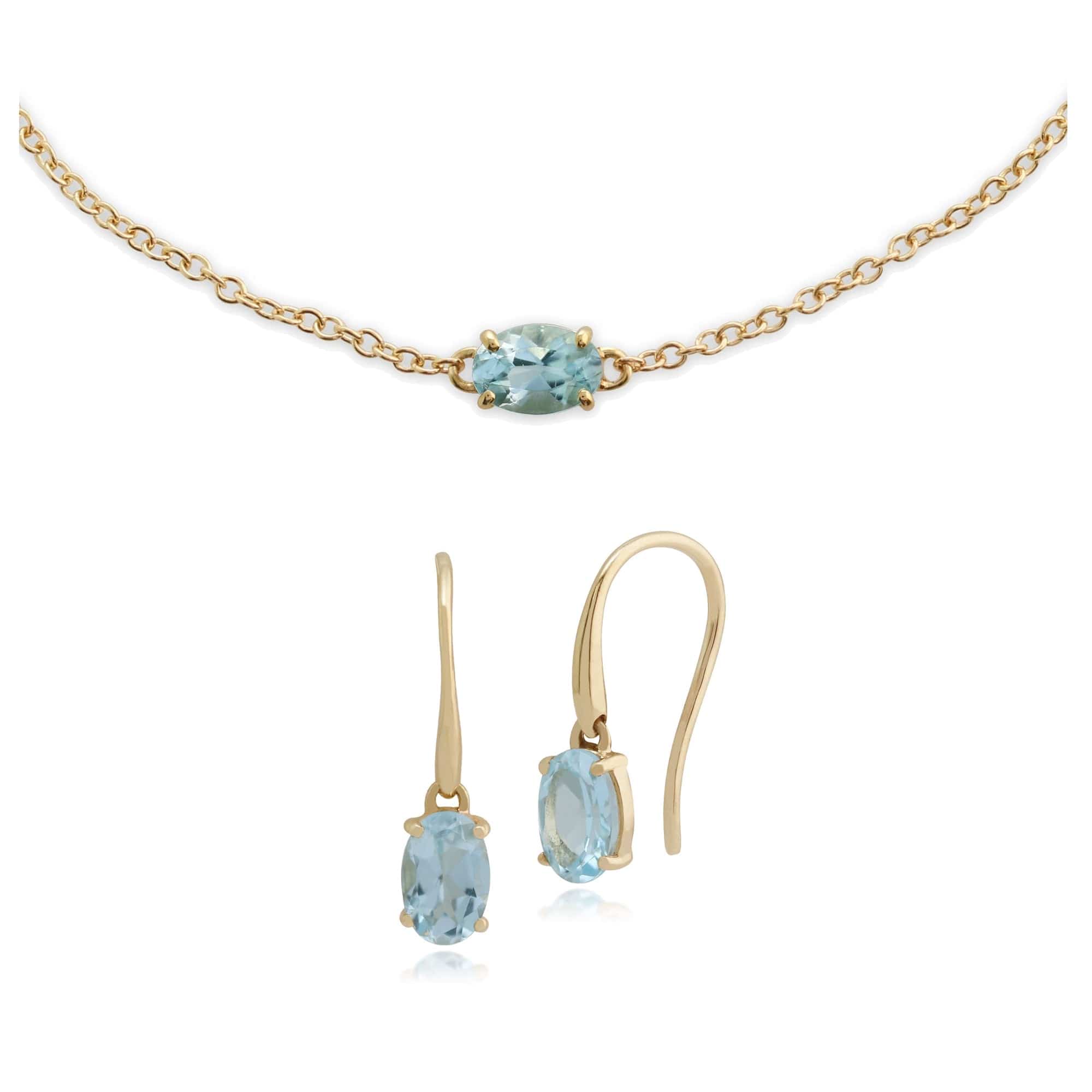 135E1289099-135L0220099 Classic Oval Aquamarine Single Stone Drop Earrings & Bracelet Set in 9ct Yellow Gold 1