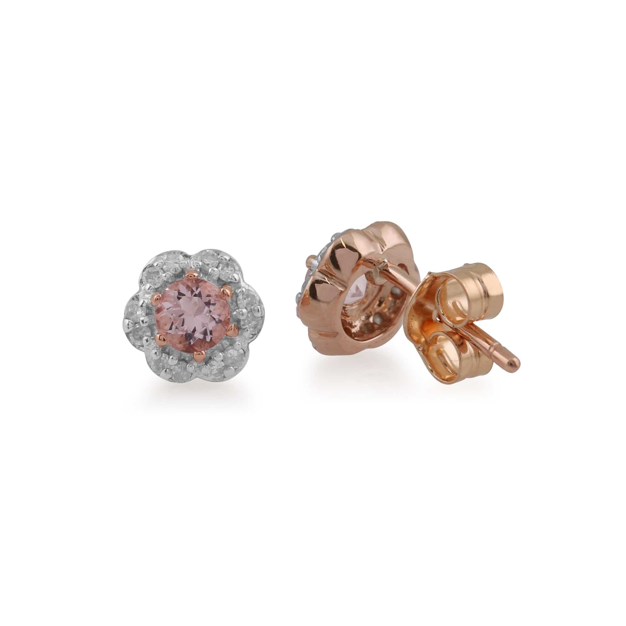 Floral Round Morganite & Diamond Halo Stud Earrings in 9ct Rose Gold - Gemondo