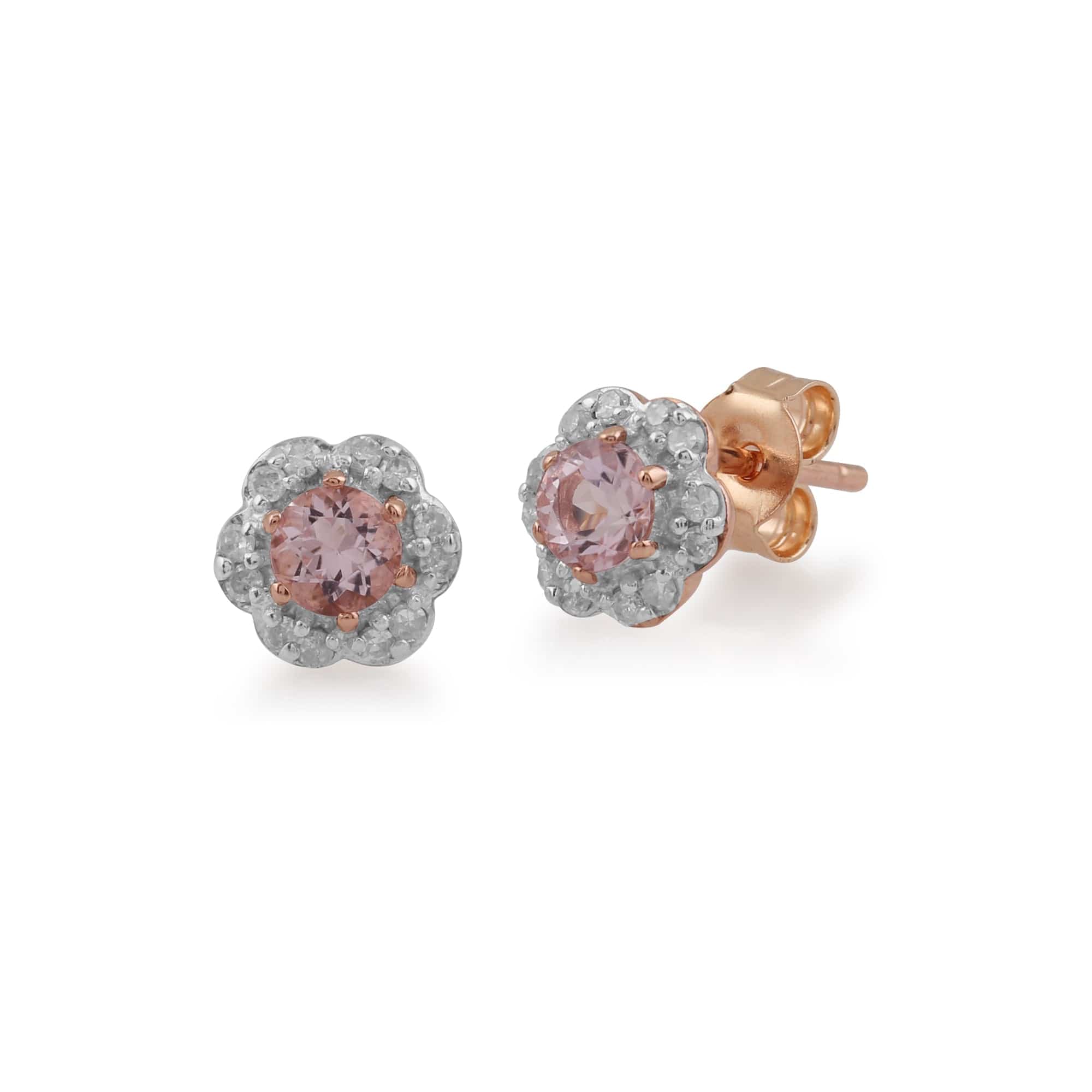 Floral Round Morganite & Diamond Halo Stud Earrings in 9ct Rose Gold