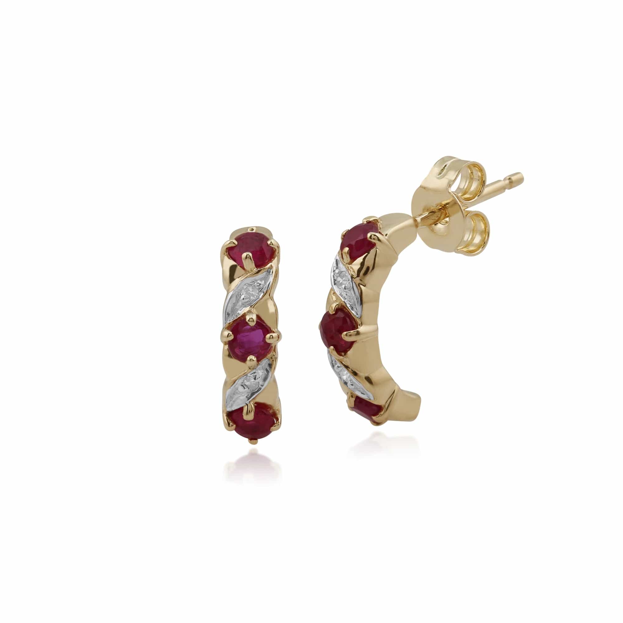 Classic Round Ruby & Diamond Half Hoop Earrings in 9ct Yellow Gold