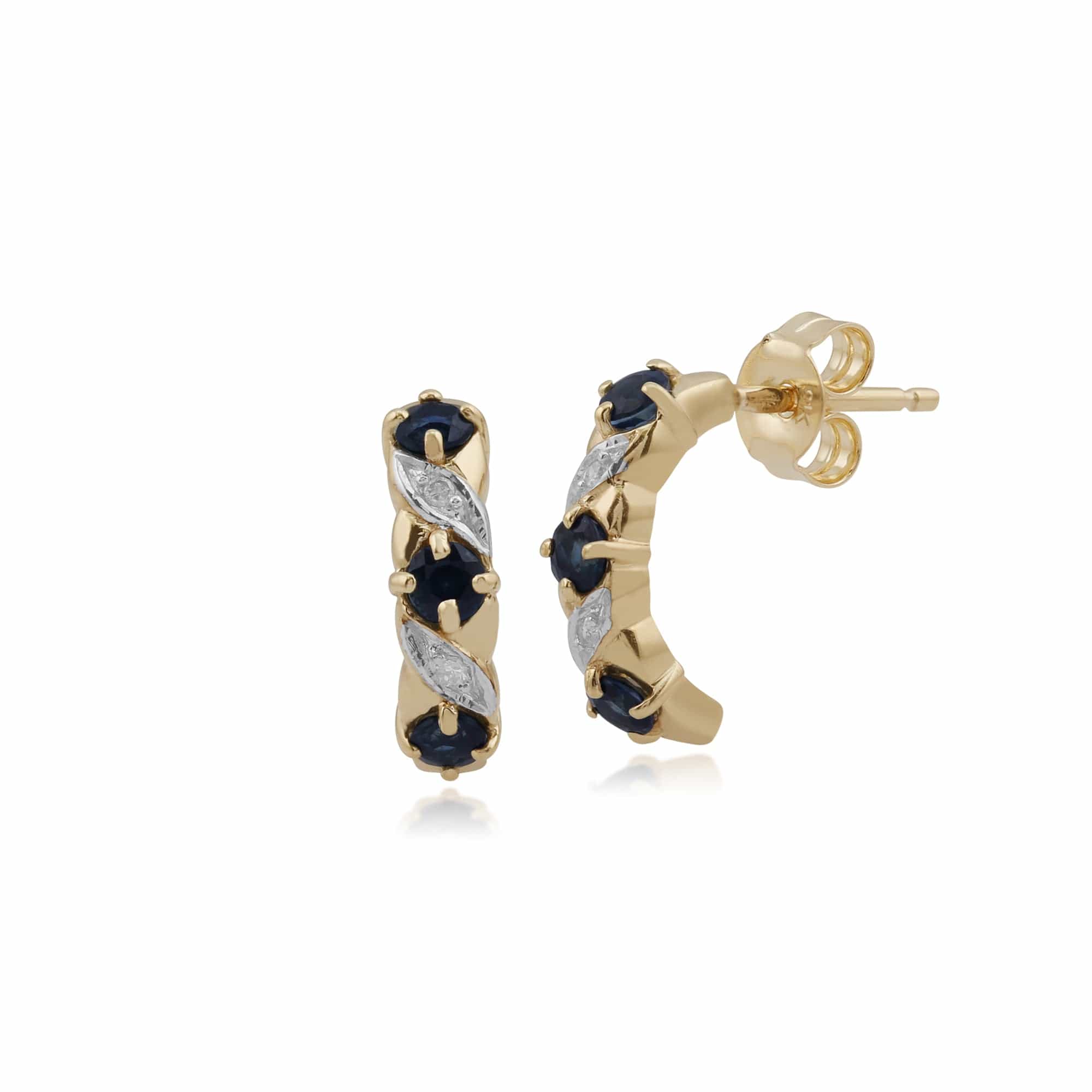 Classic Round Sapphire & Diamond Half Hoop Earrings in 9ct Yellow Gold