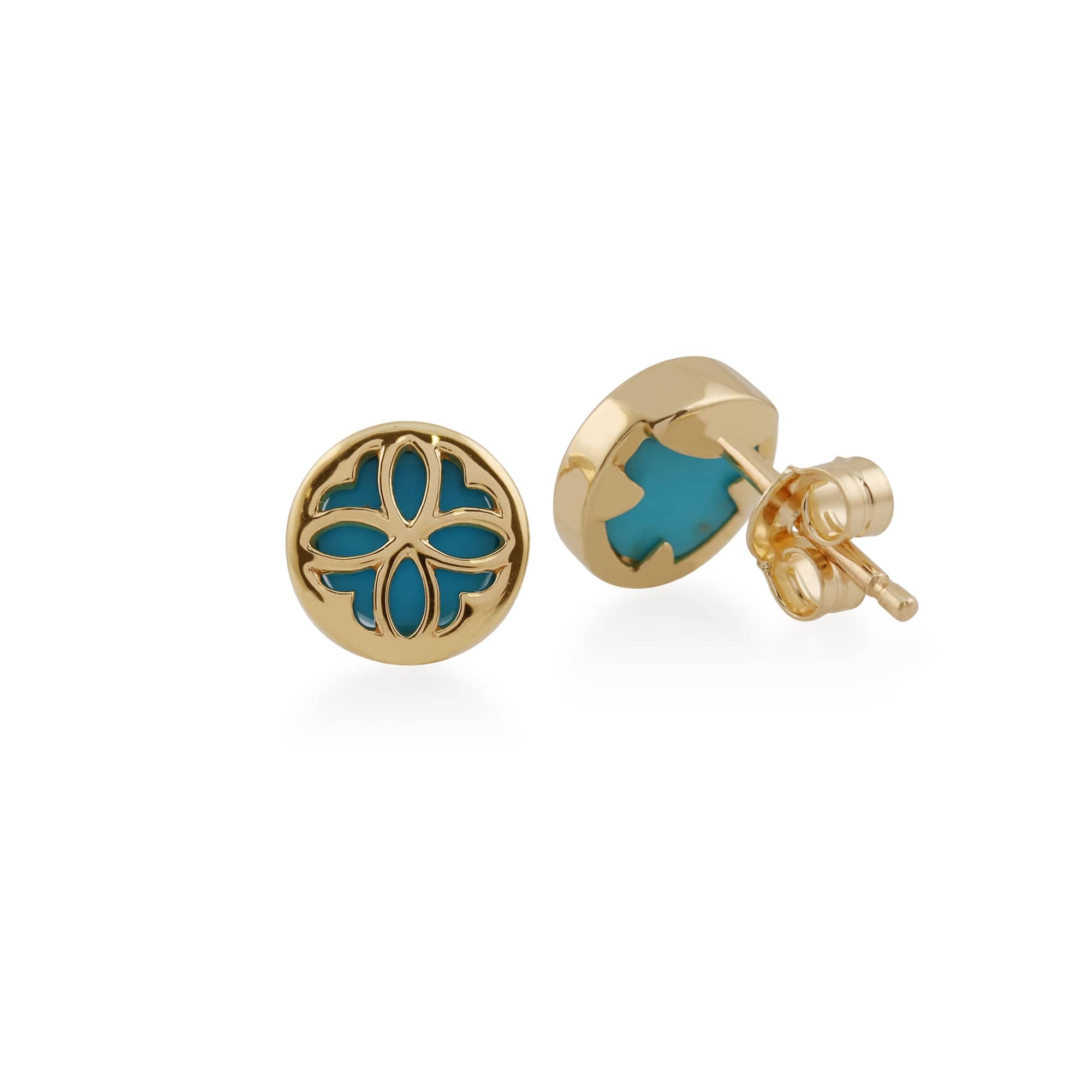 Art Nouveau Style Round Turquoise Floral Pattern Overlay Stud Earrings in 9ct Yellow Gold - Gemondo