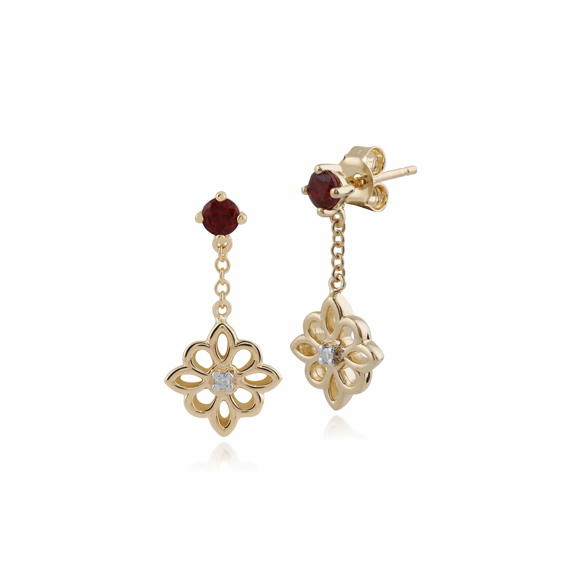 Gemondo 9ct Yellow Gold Garnet & Diamond Floral Drop Earrings Image