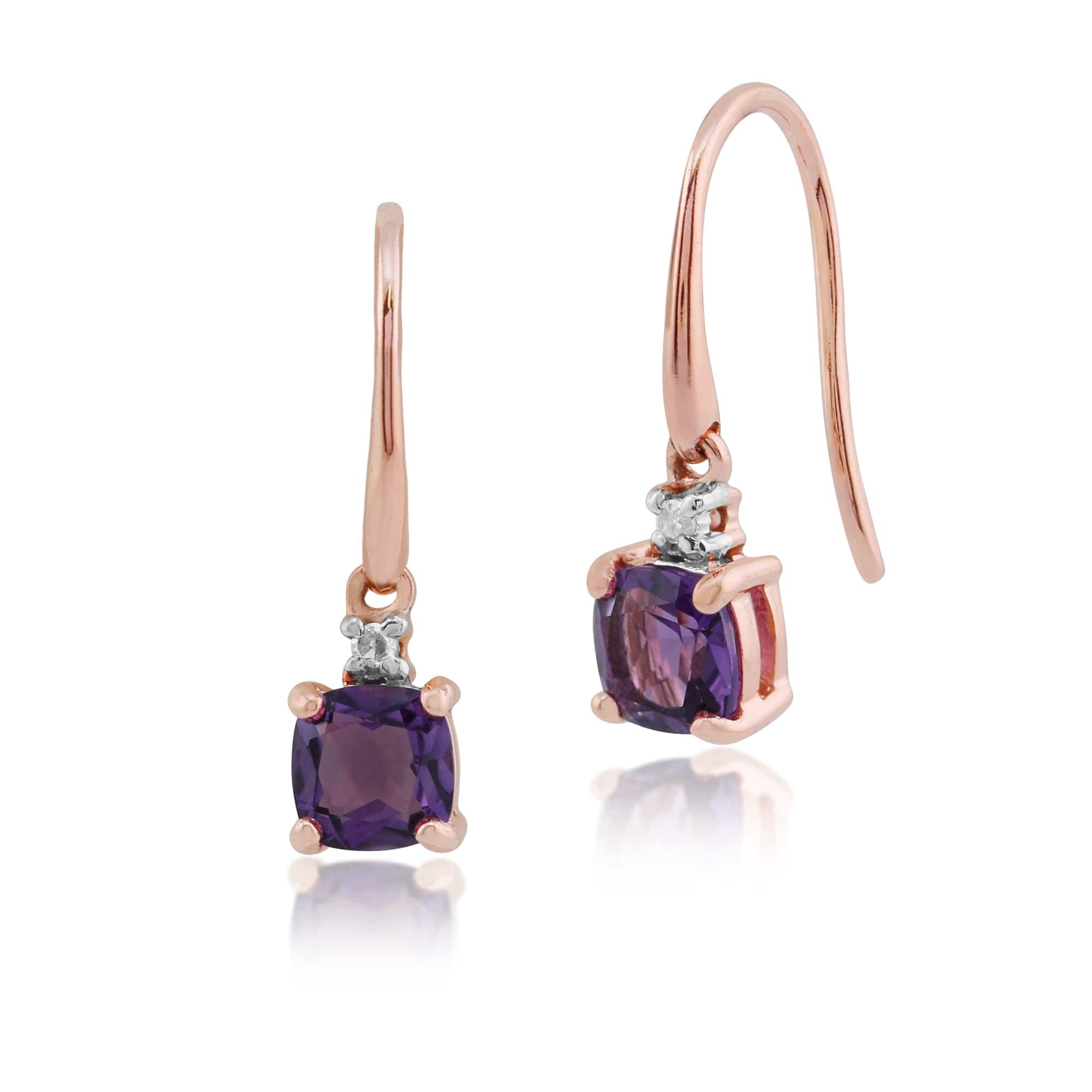 Classic Cushion Amethyst & Diamond Drop Earrings in 9ct Rose Gold - Gemondo