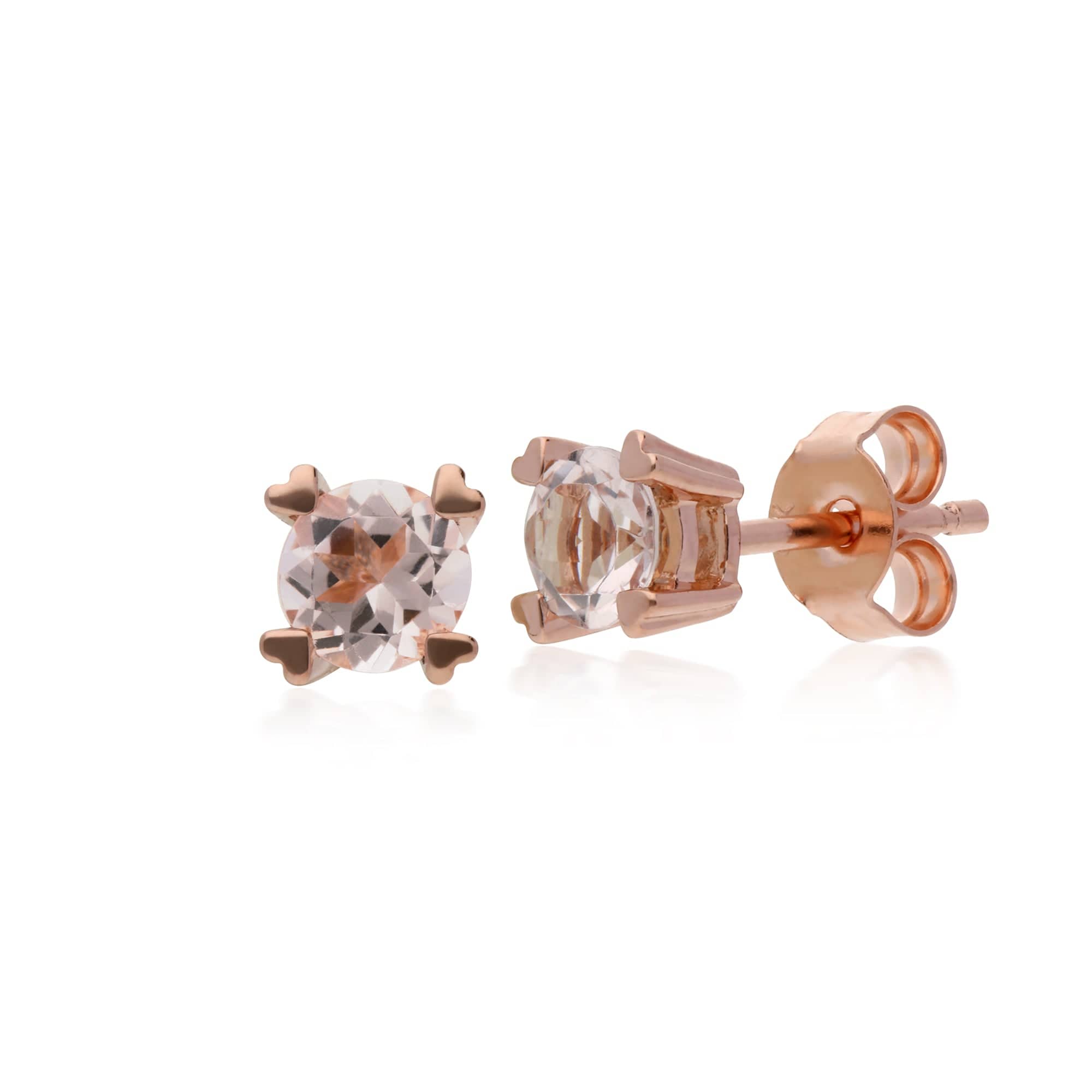 Classic Round Morganite Heart Claw Set Stud Earrings in 9ct Rose Gold - Gemondo