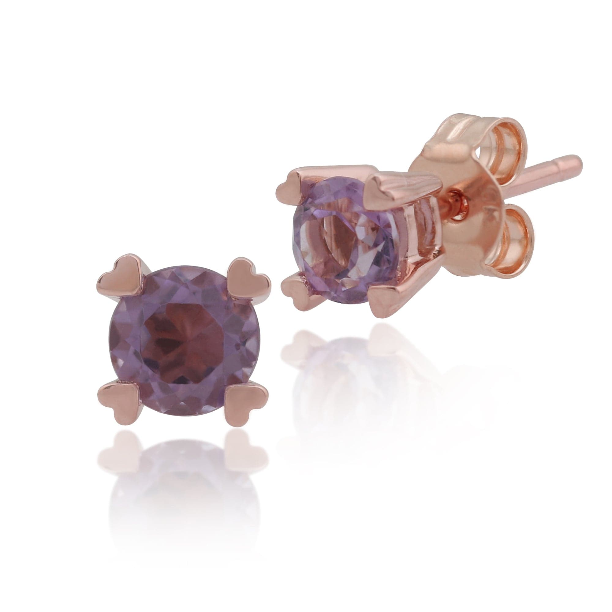Classic Round Amethyst Heart Claw Set Stud Earrings in 9ct Rose Gold - Gemondo