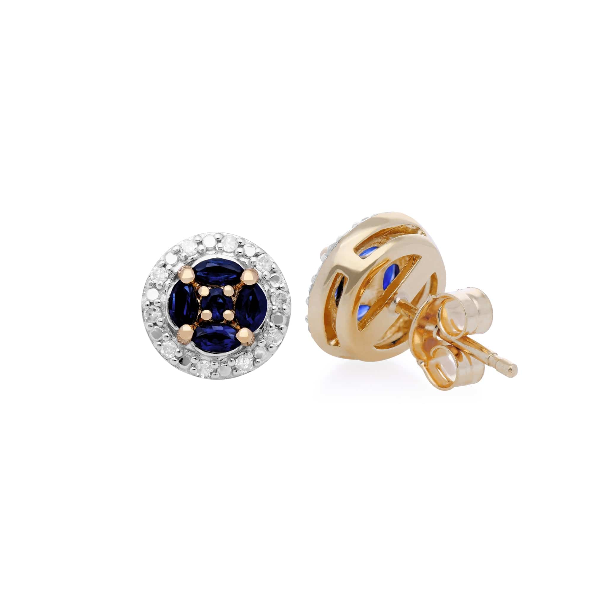 135E1392029 Classic Marquise Sapphire & Diamond Halo Cluster Stud Earrings in 9ct Yellow Gold 2