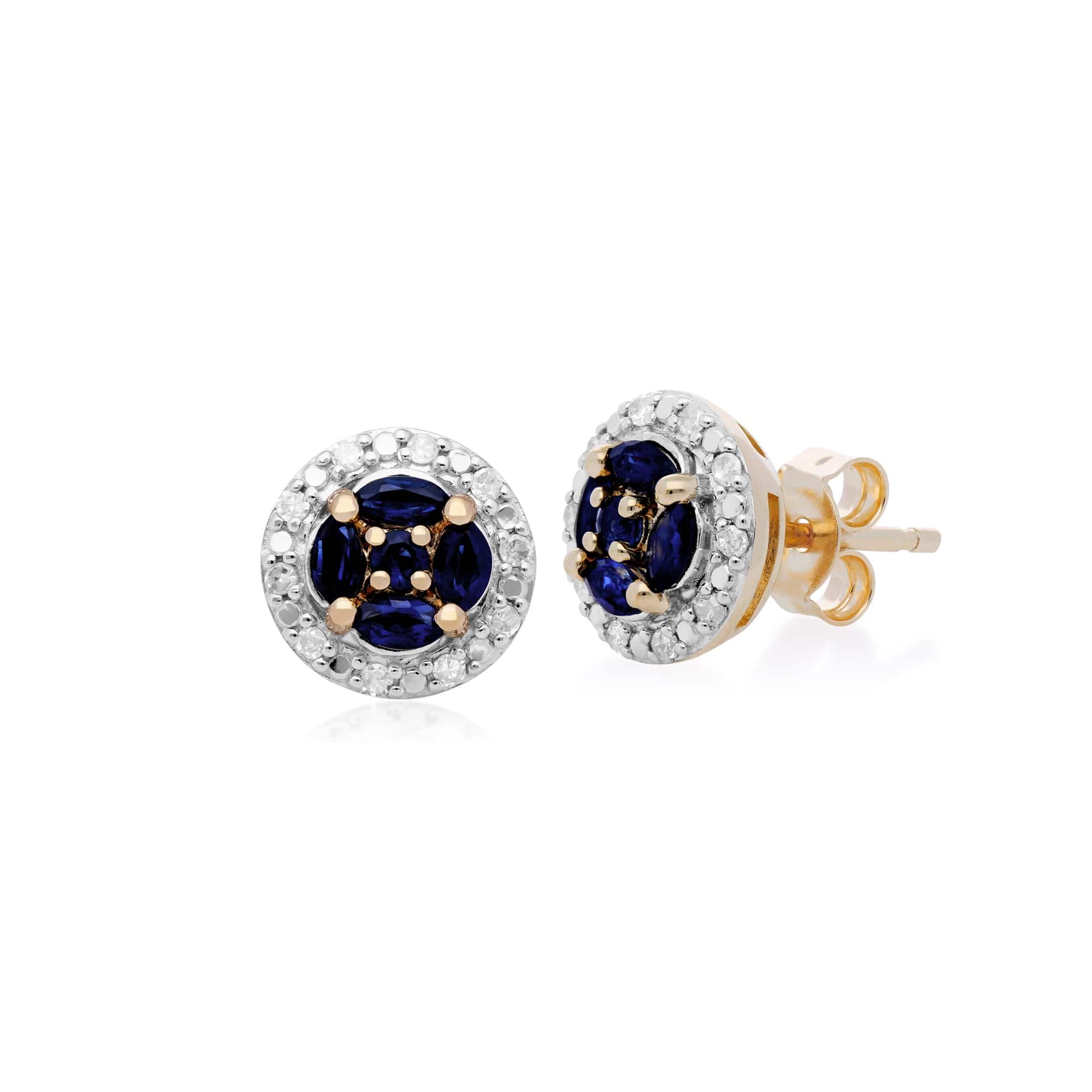 Classic Marquise Sapphire & Diamond Halo Cluster Stud Earrings in 9ct Yellow Gold - Gemondo