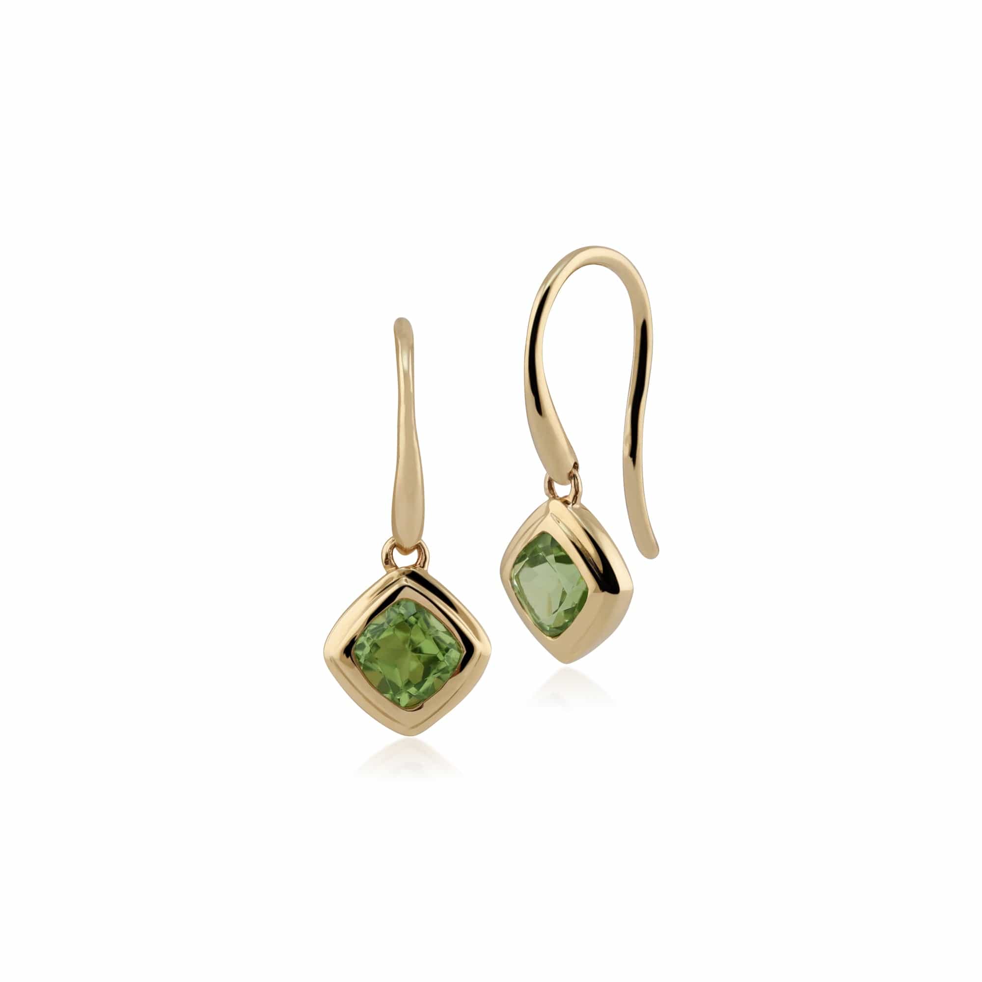 Classic Cushion Peridot Bezel Set Drop Earrings in 9ct Yellow Gold - Gemondo