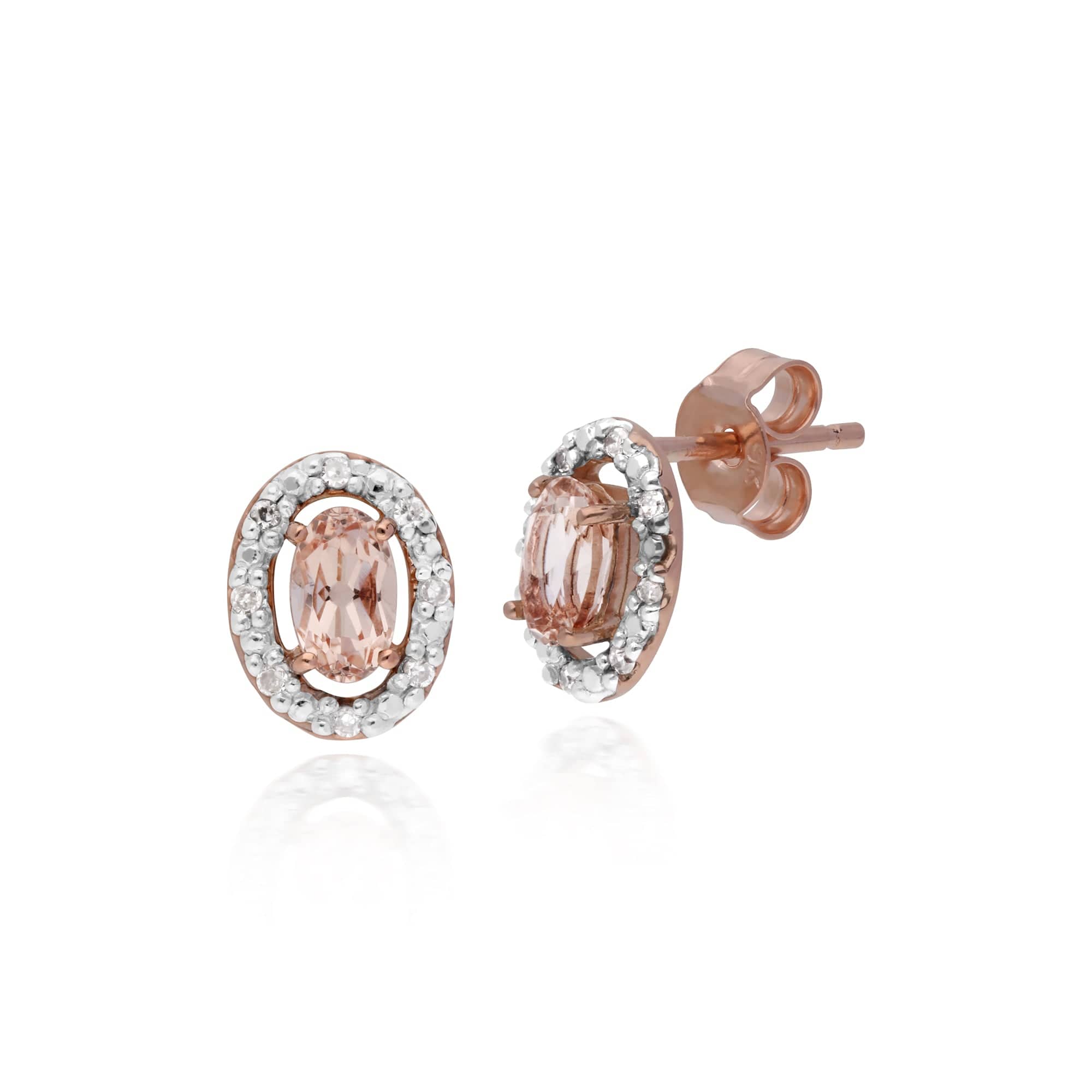 135E1451019-135R1589019 Classic Oval Morganite & Diamond Halo Stud Earrings & Solitaire Ring Set in 9ct Rose Gold 2