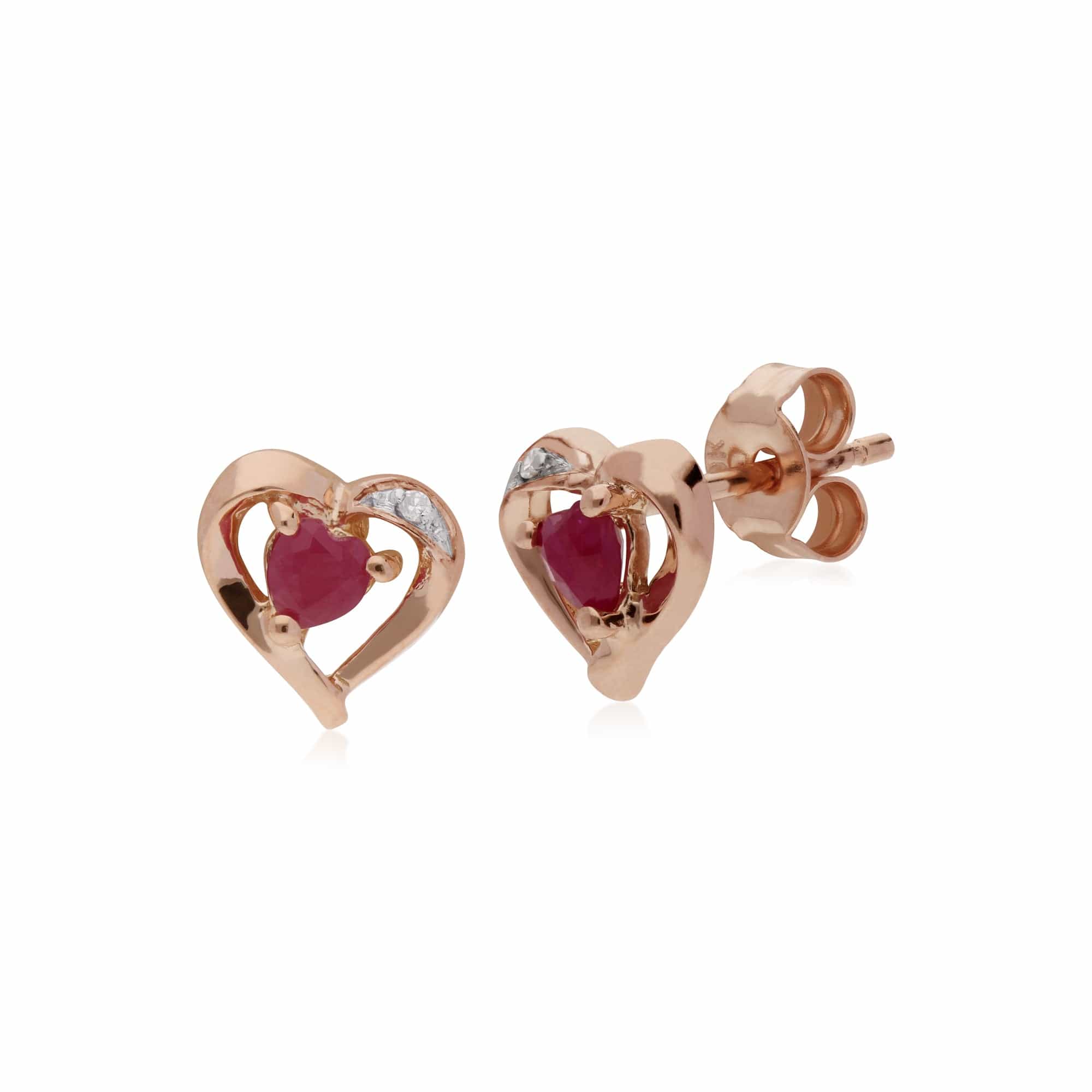 Classic Heart Ruby & Diamond Love Heart Stud Earrings in 9ct Rose Gold - Gemondo