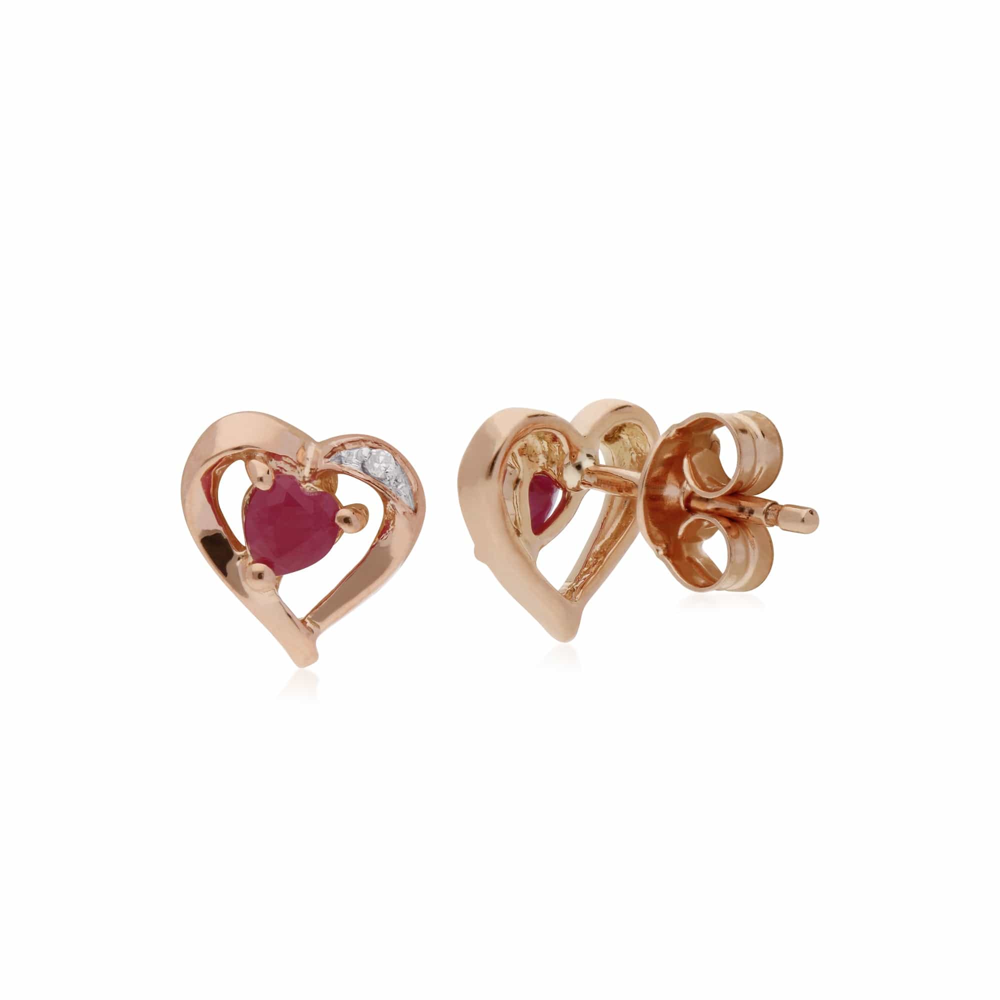 Classic Heart Ruby & Diamond Love Heart Stud Earrings in 9ct Rose Gold - Gemondo