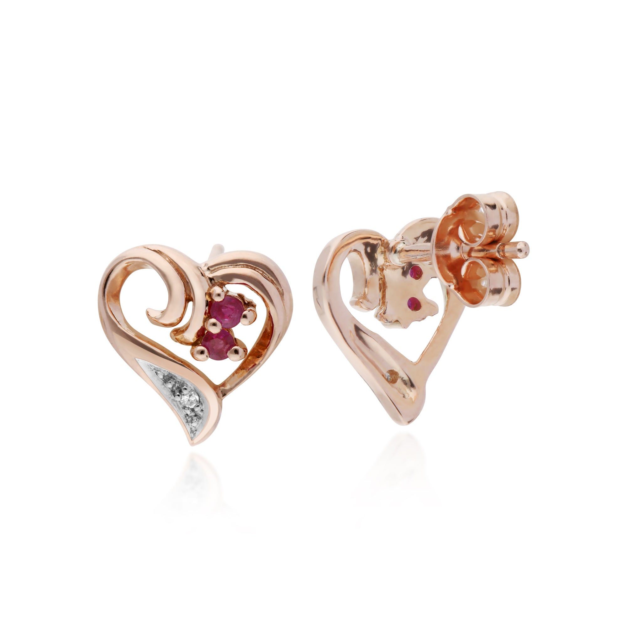 Classic Round Ruby & Diamond Fancy Swirl Heart Stud Earrings in 9ct Rose Gold - Gemondo