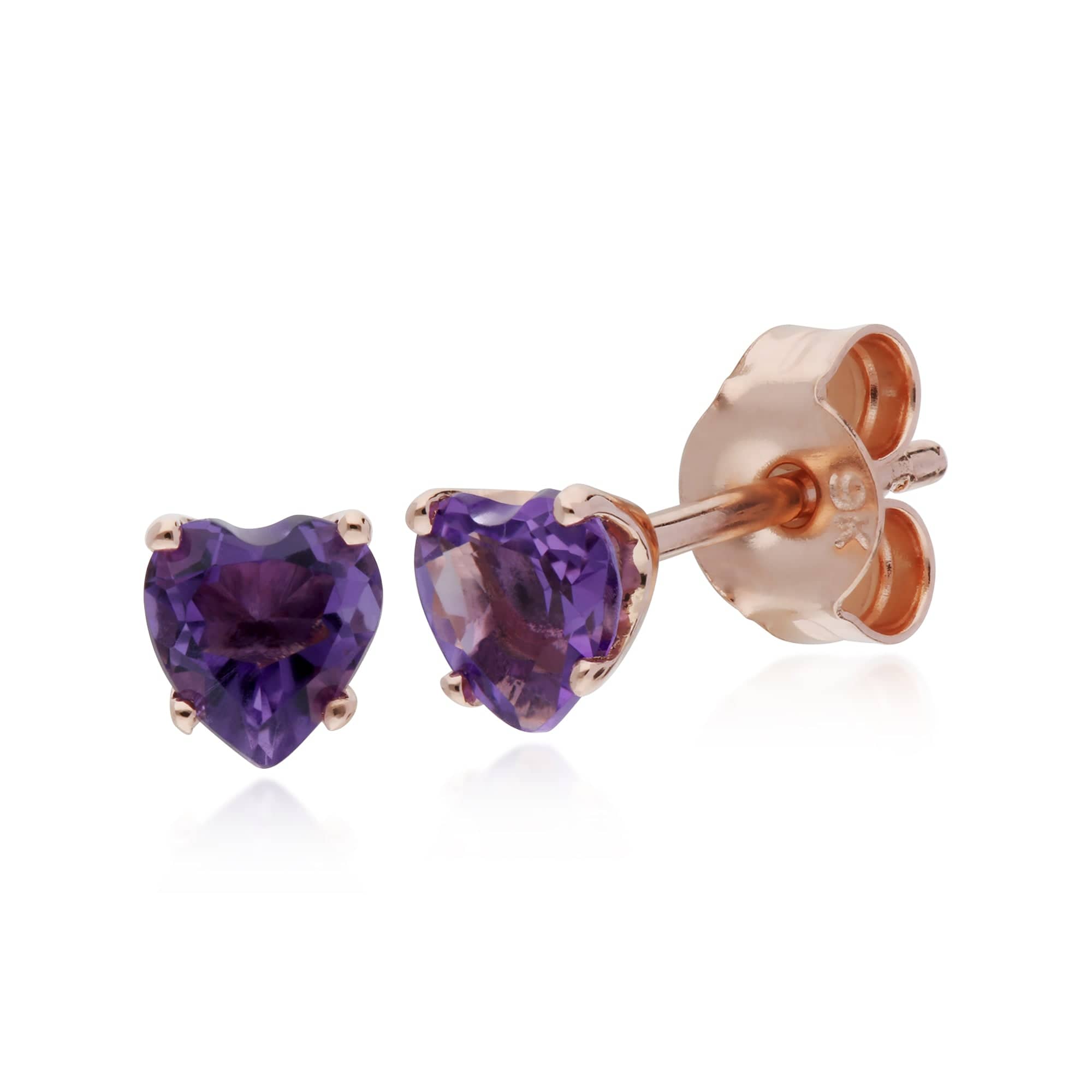 Classic Heart Amethyst Claw Set Love Heart Stud Earrings in 9ct Rose Gold - Gemondo