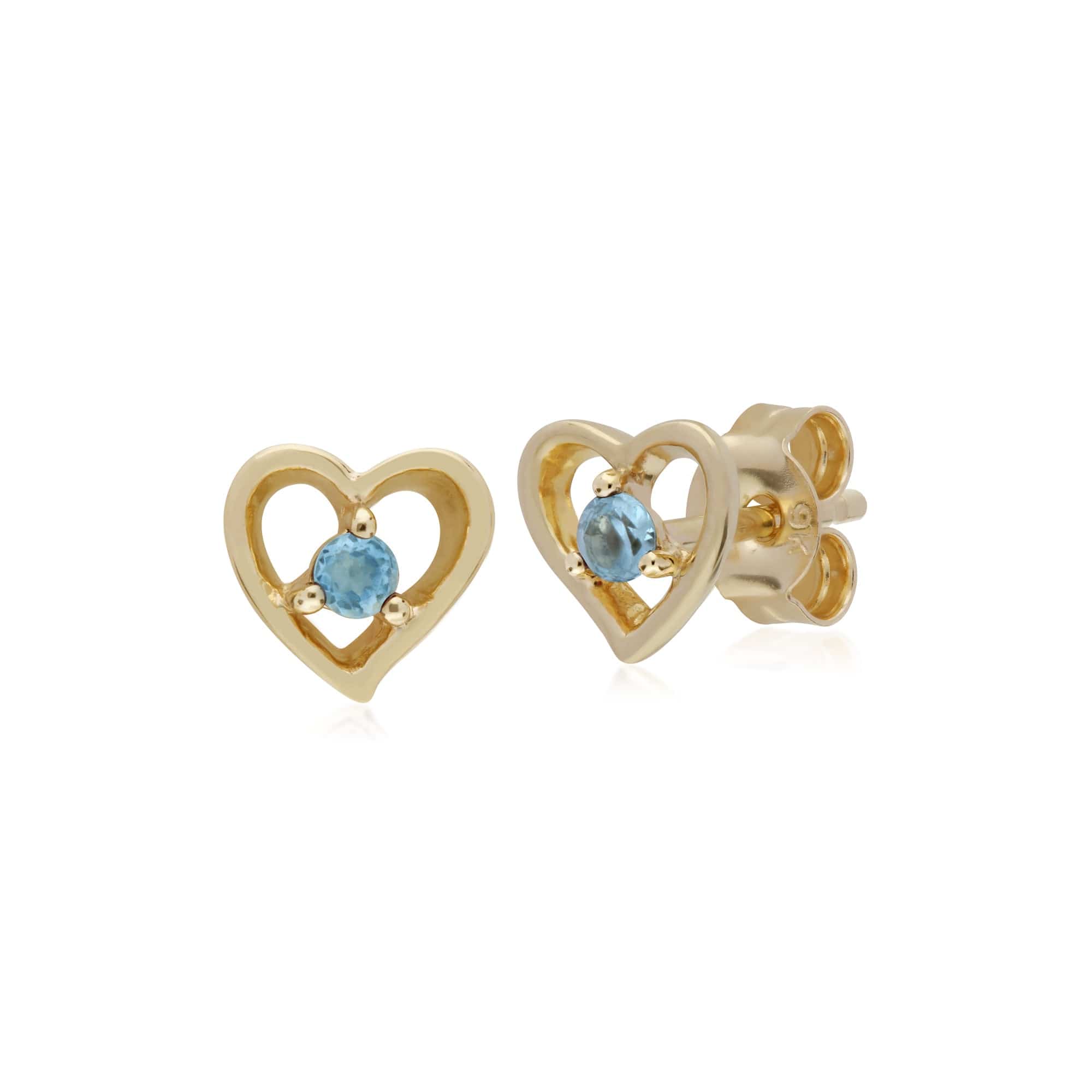 135E1521099 Classic Single Stone Round Aquamarine Open Love Heart Stud Earrings in 9ct Yellow Gold 1