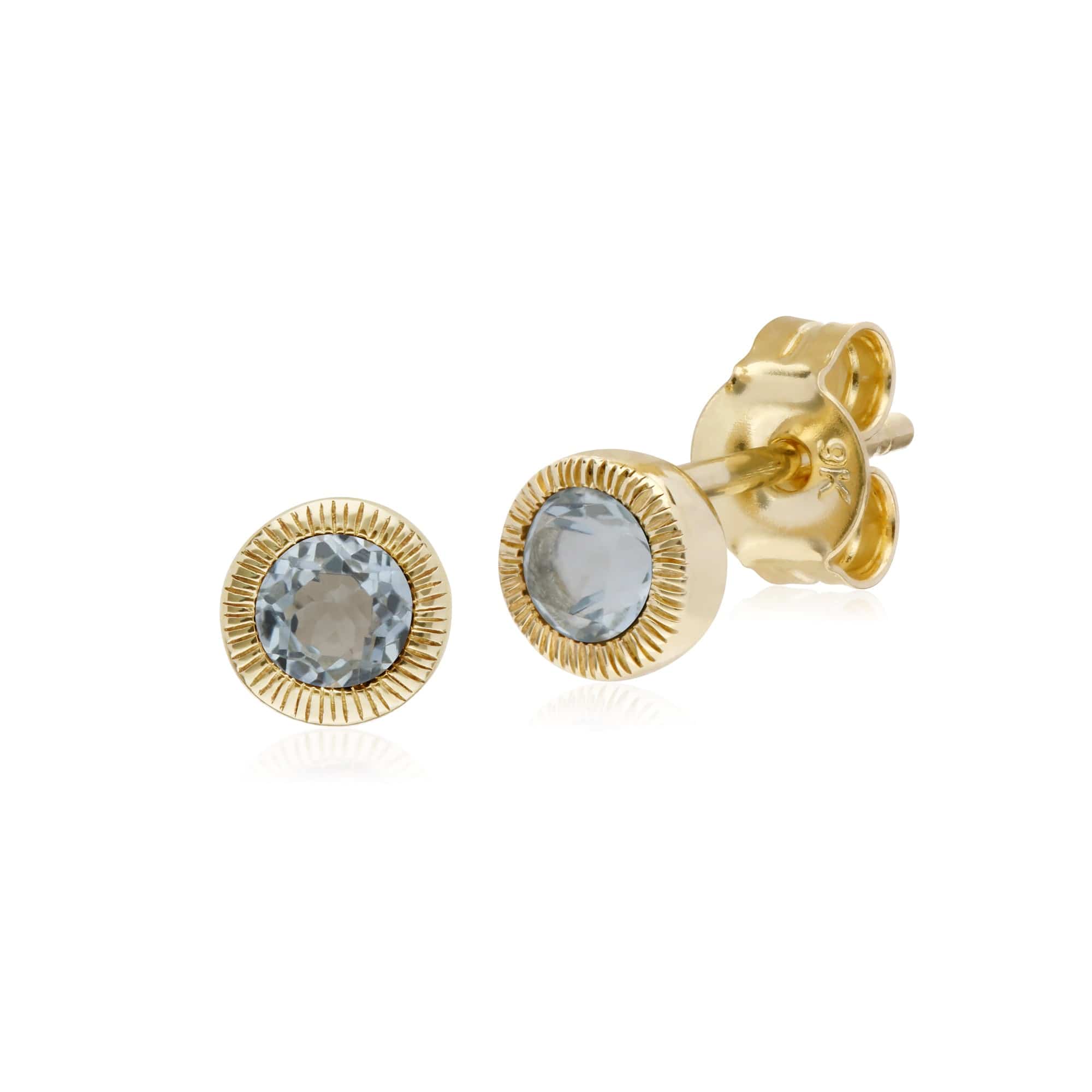 Classic Single Stone Round Blue Topaz Milgrain Stud Earrings in 9ct Yellow Gold - Gemondo