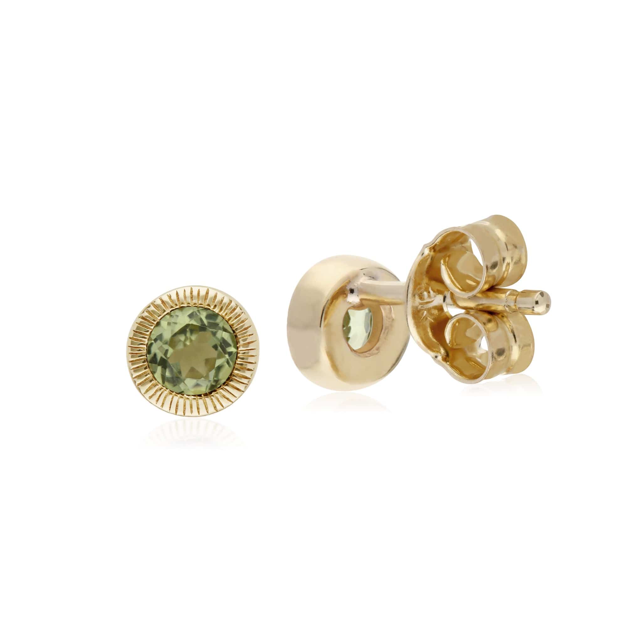 Classic Single Stone Round Peridot Milgrain Stud Earrings in 9ct Yellow Gold - Gemondo