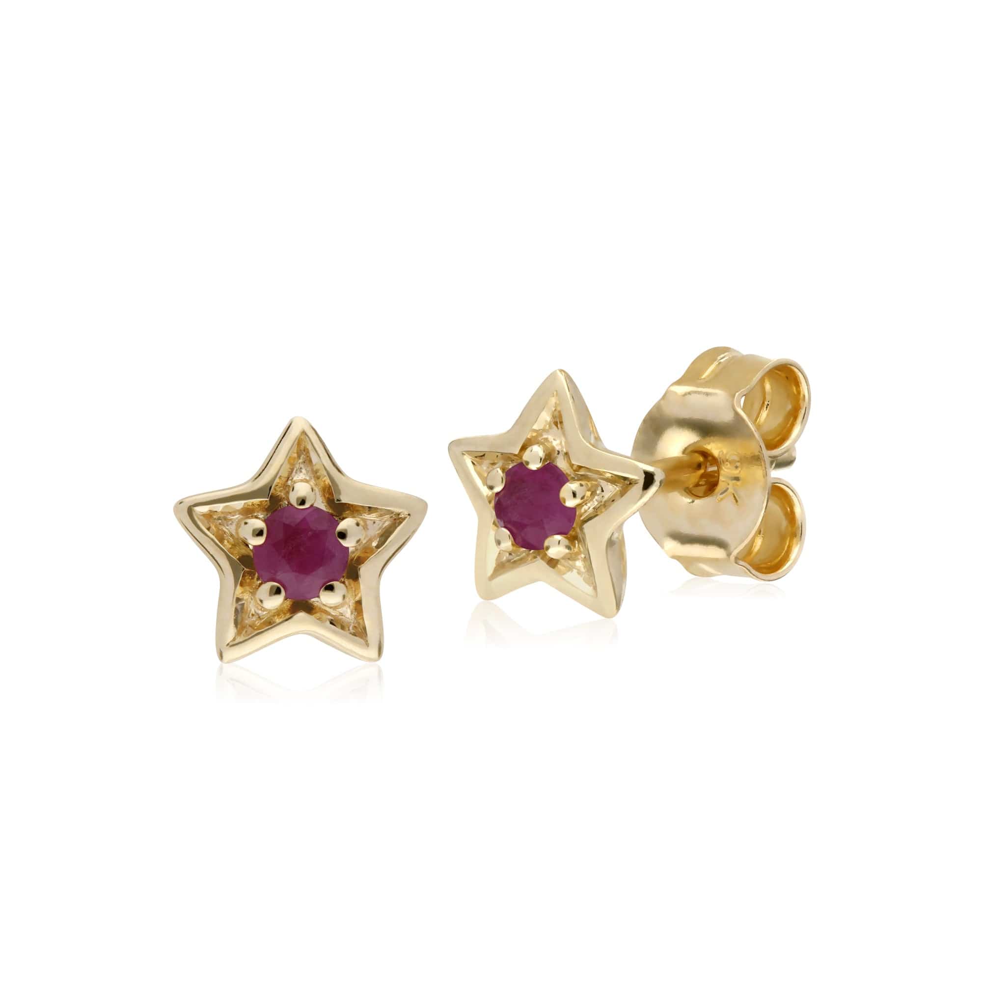 Classic Single Stone Round Ruby Star Stud Earrings in 9ct Yellow Gold - Gemondo