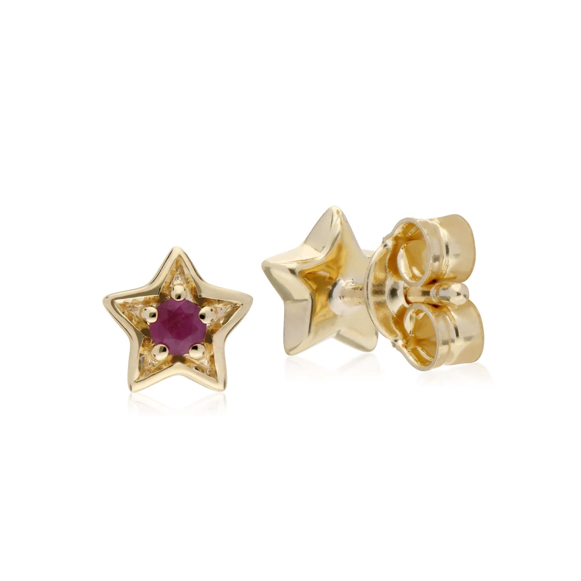 Classic Single Stone Round Ruby Star Stud Earrings in 9ct Yellow Gold - Gemondo