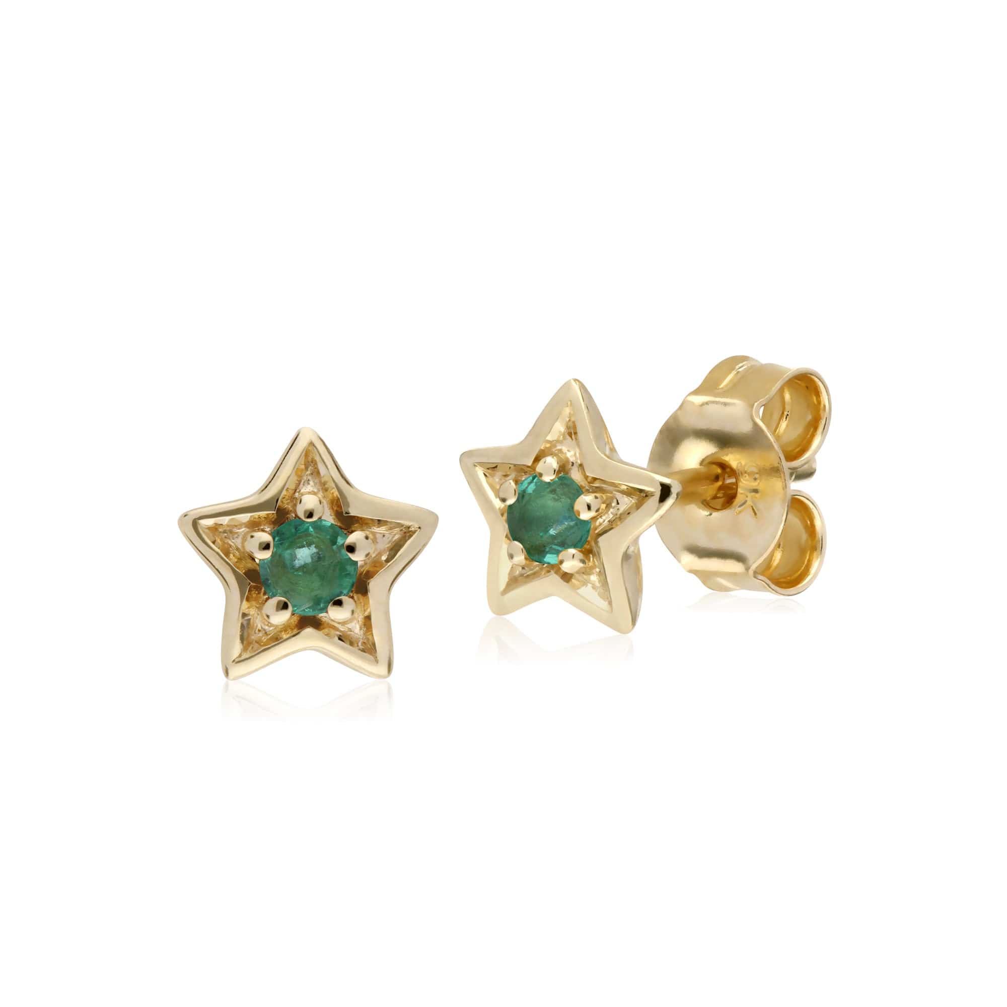 Classic Single Stone Round Emerald Star Stud Earrings in 9ct Yellow Gold - Gemondo
