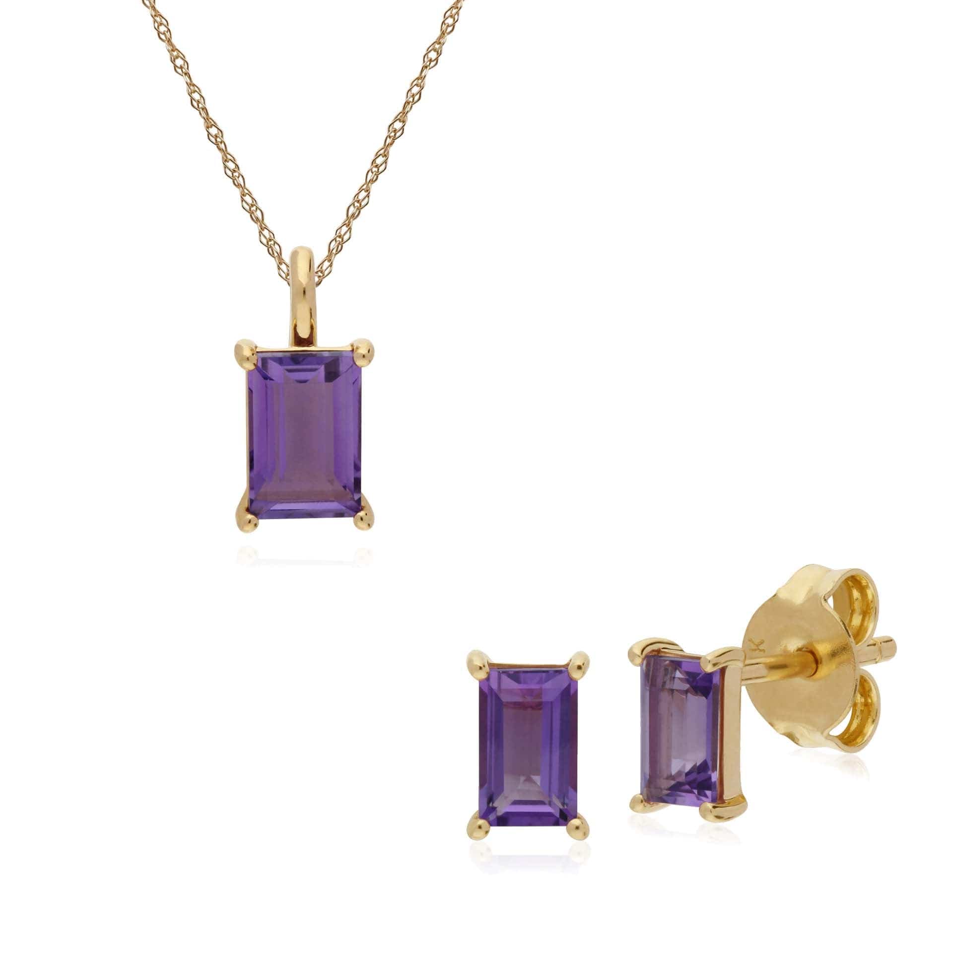 135E1524019-135P1872019 Classic Round Amethyst Single Stone Baguette Stud Earrings & Necklace Set in 9ct Yellow Gold 1