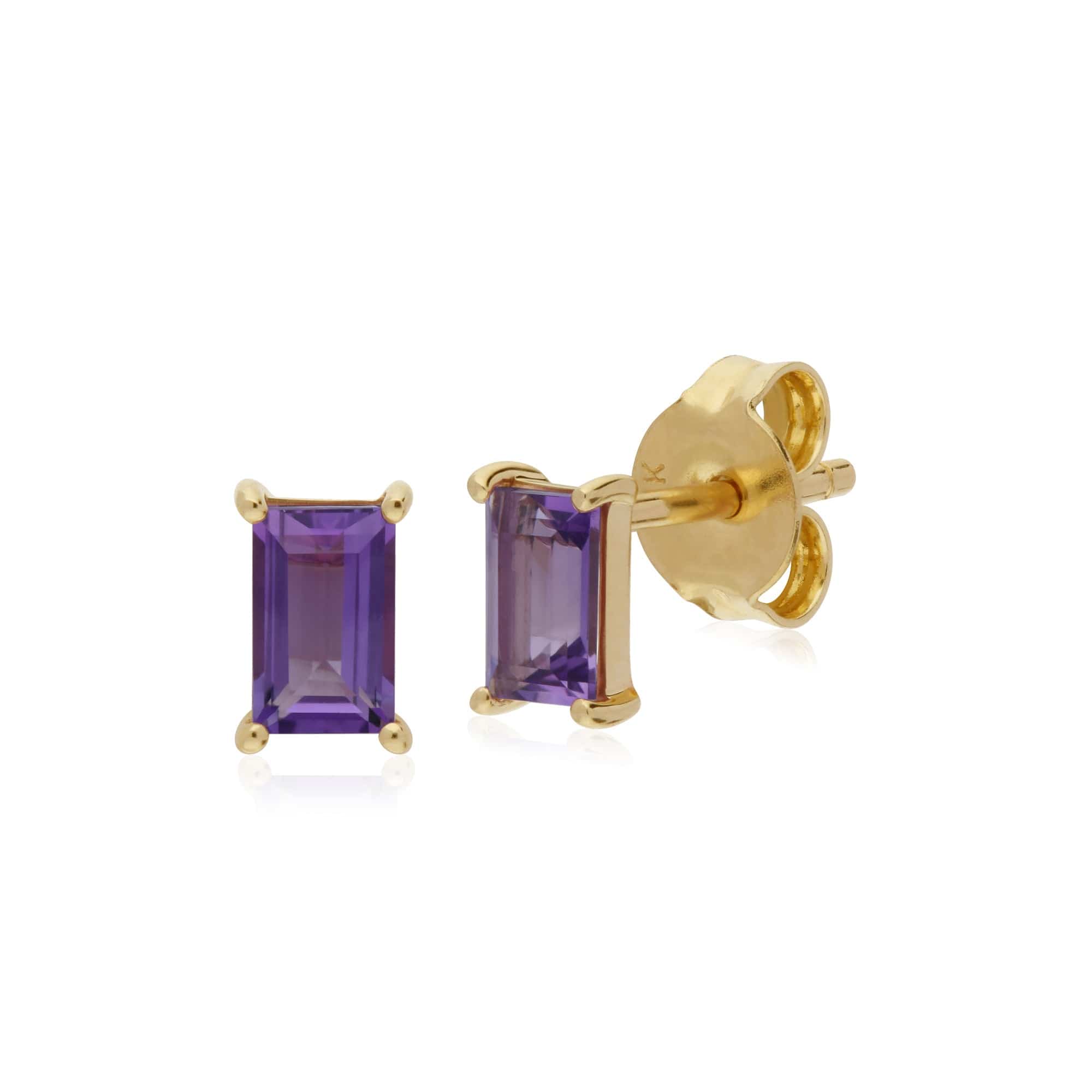 135E1524019 Classic Baguette Amethyst Claw Set Stud Earrings in 9ct Yellow Gold 1