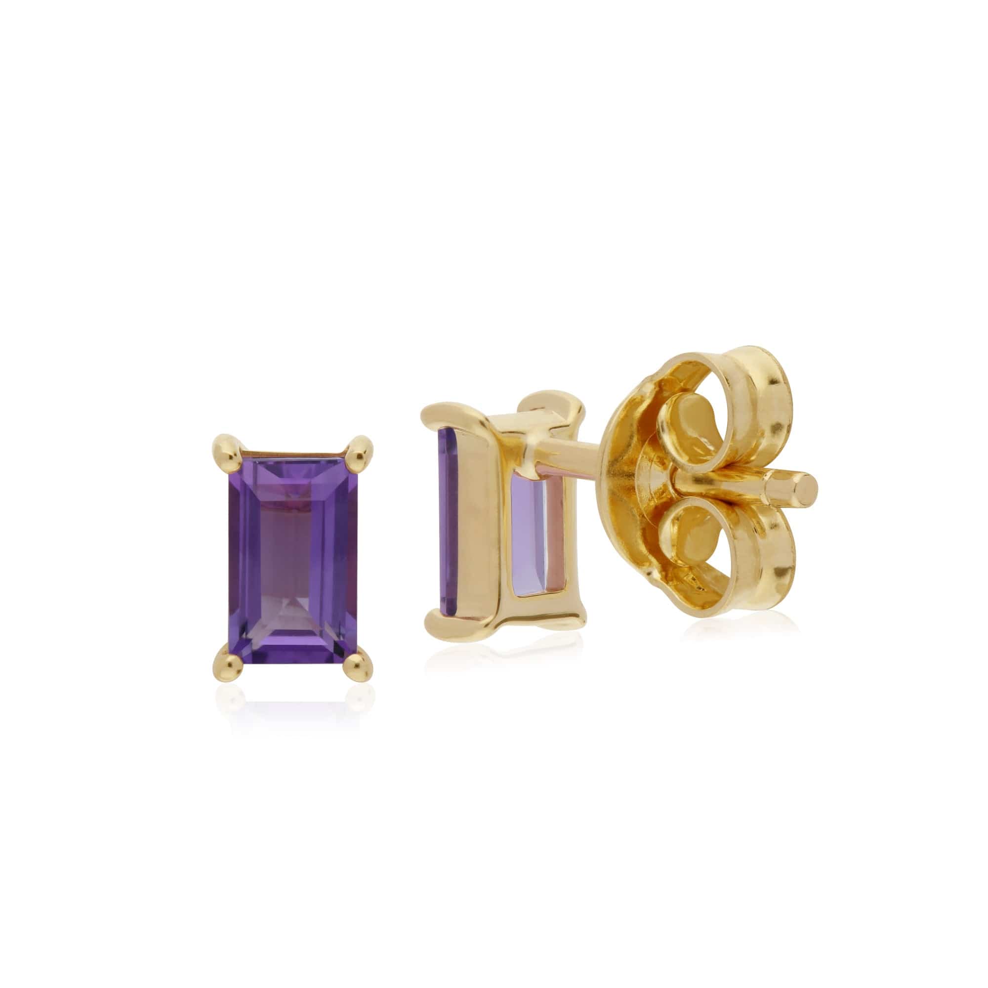 135E1524019 Classic Baguette Amethyst Claw Set Stud Earrings in 9ct Yellow Gold 2