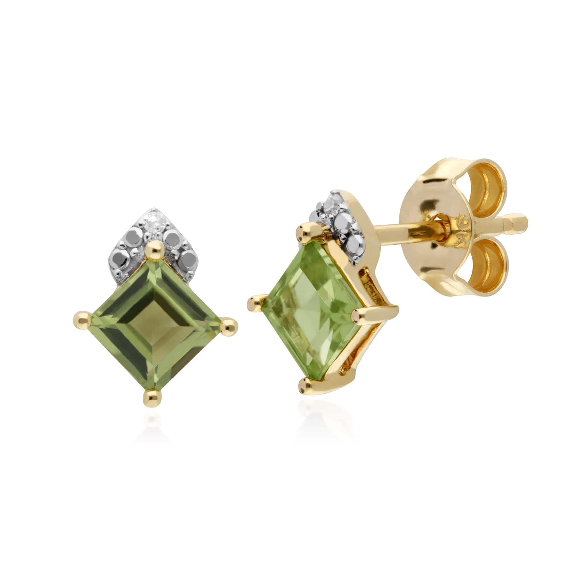 Gemondo 9ct Yellow Gold Peridot & Diamond Square Stud Earrings - Gemondo