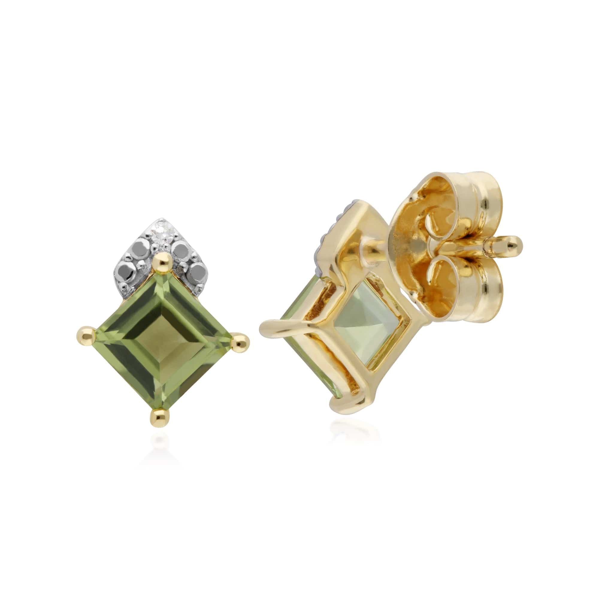Gemondo 9ct Yellow Gold Peridot & Diamond Square Stud Earrings - Gemondo