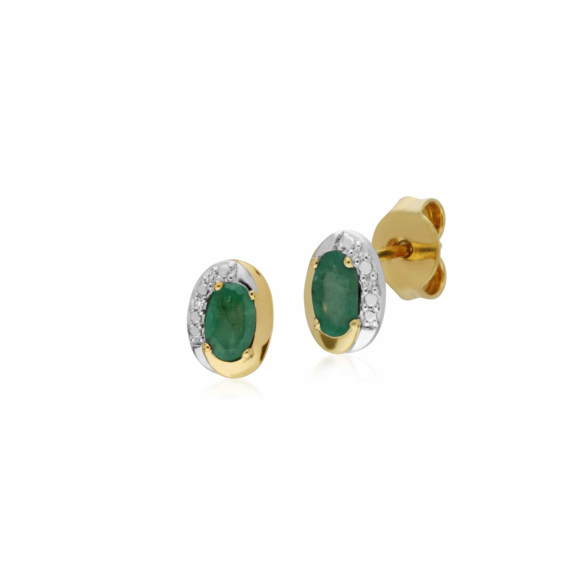 Classic Oval Emerald & Diamond Stud Earrings in Two Tone 9ct Yellow Gold - Gemondo