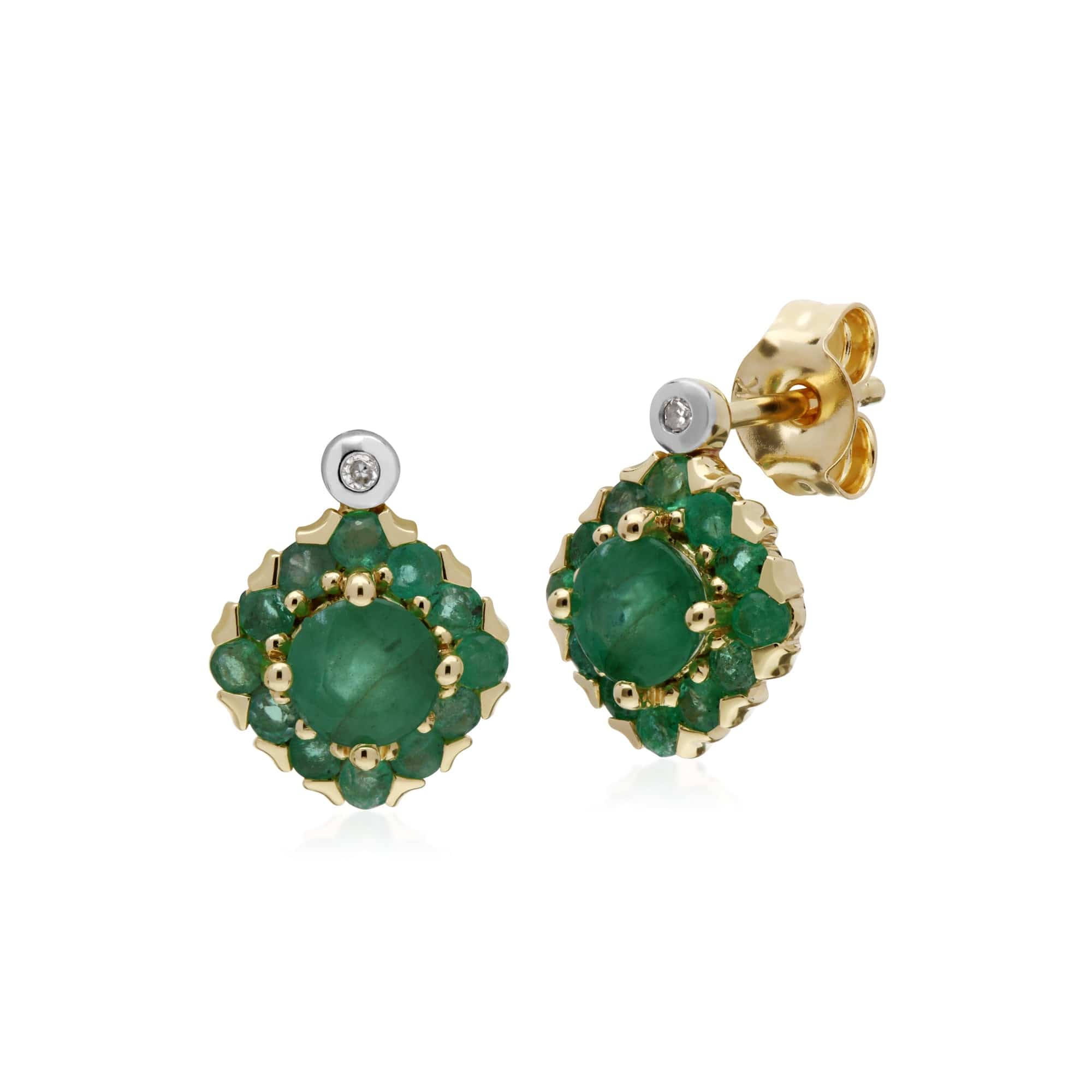 135E1571039 Gemondo 9ct Yellow Gold Emerald & Diamond Square Cluster Stud Earrings 1