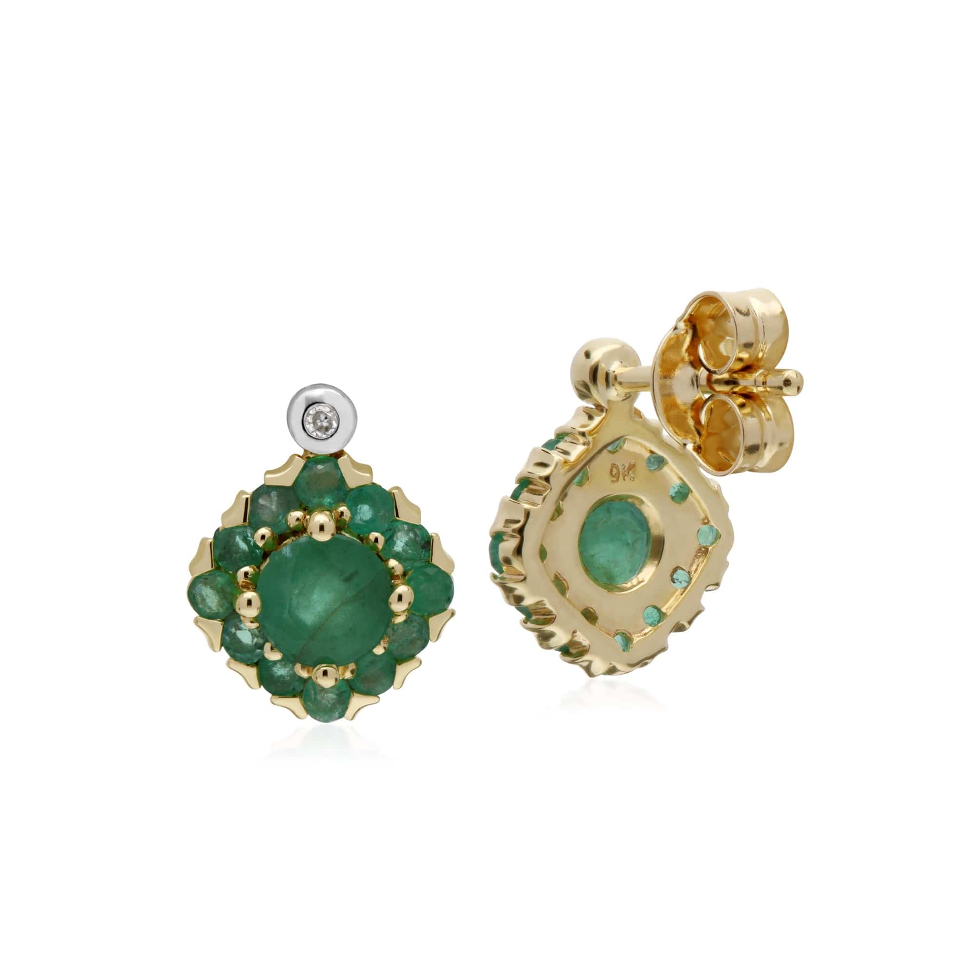 135E1571039 Gemondo 9ct Yellow Gold Emerald & Diamond Square Cluster Stud Earrings 2