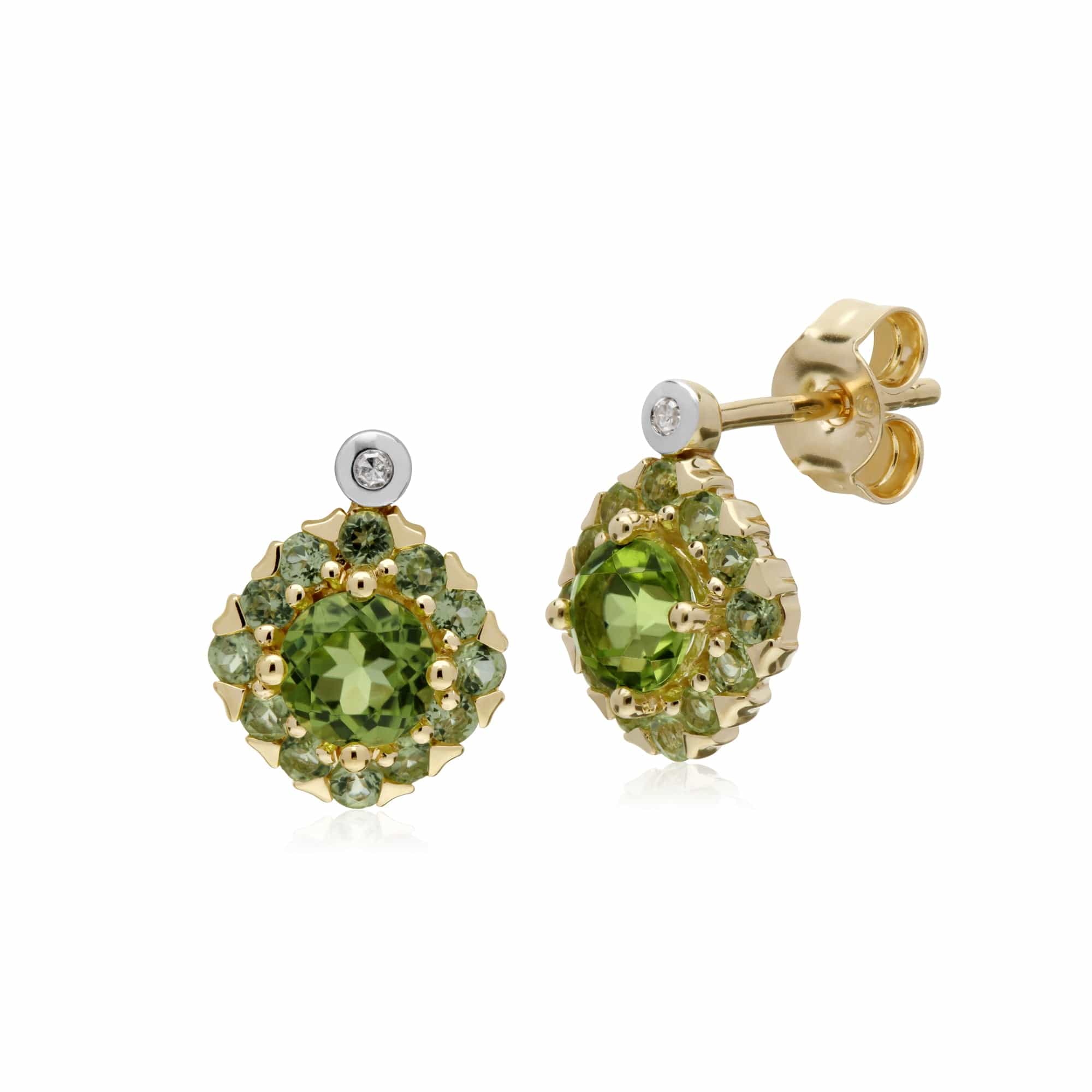 135E1571079-135P1911079 Classic Round Peridot & Diamond Square Cluster Stud Earrings & Pendant Set in 9ct Yellow Gold 2