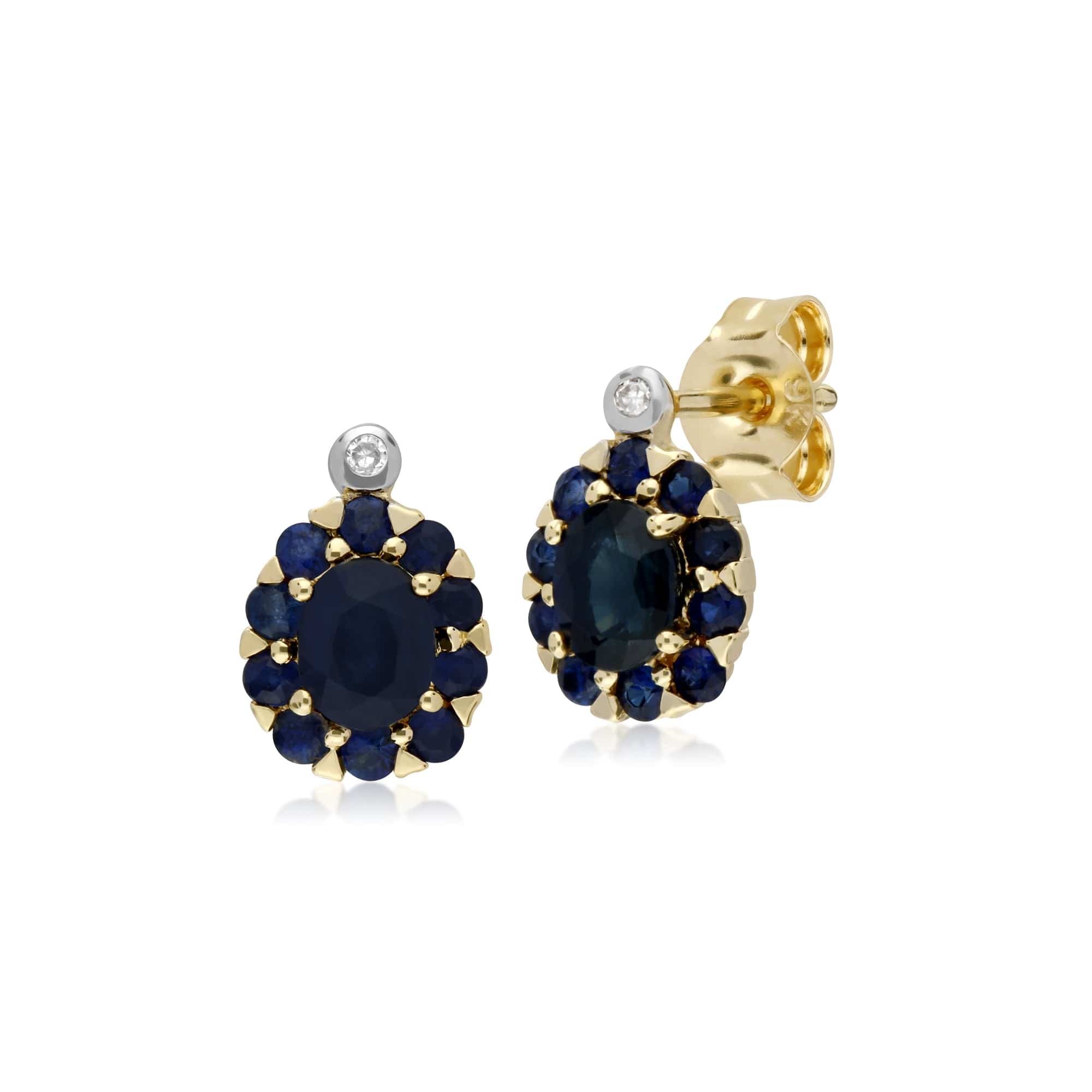 135E1572029 Cluster Round Sapphire & Diamond Oval Stud Earrings in 9ct Yellow Gold 1