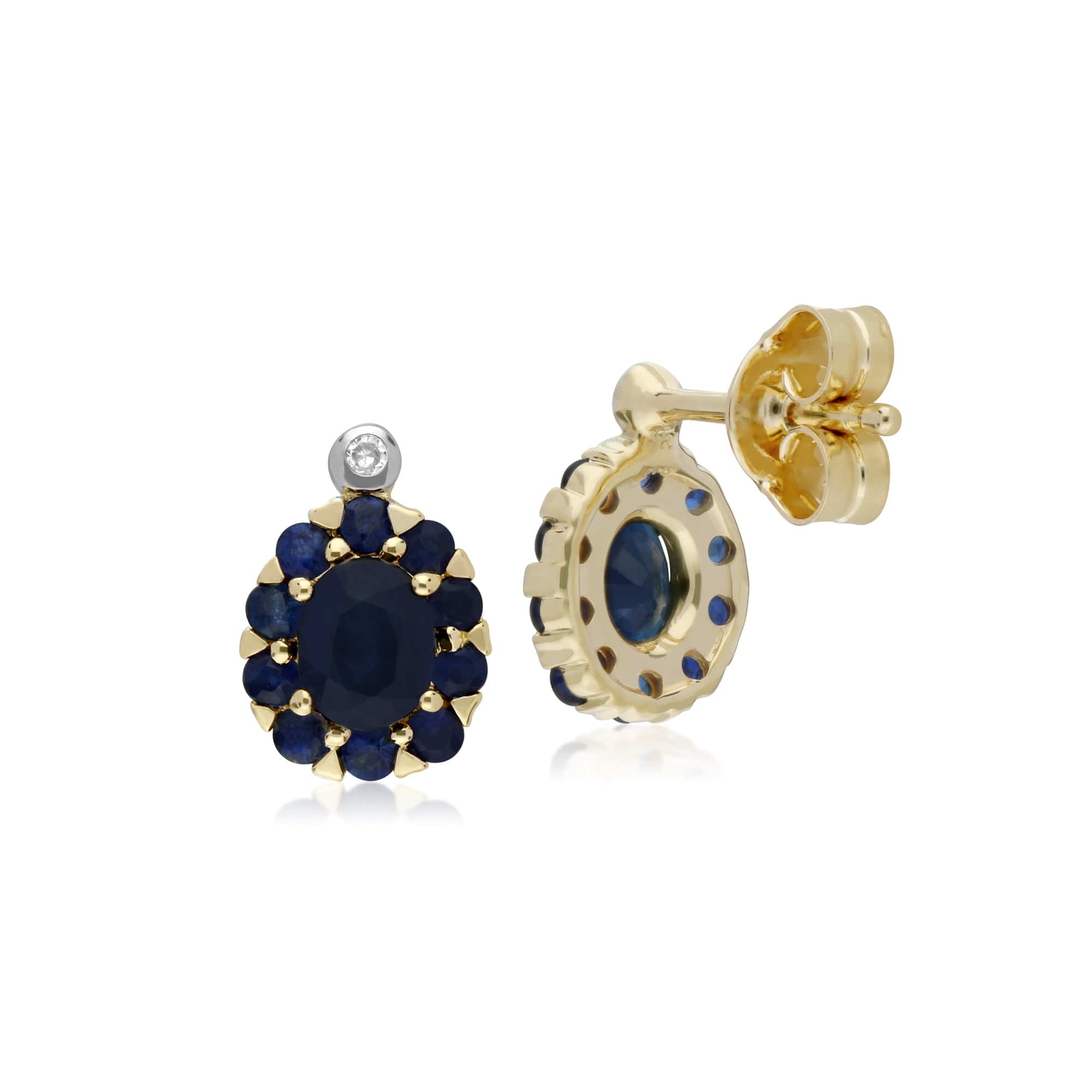 135E1572029 Cluster Round Sapphire & Diamond Oval Stud Earrings in 9ct Yellow Gold 2