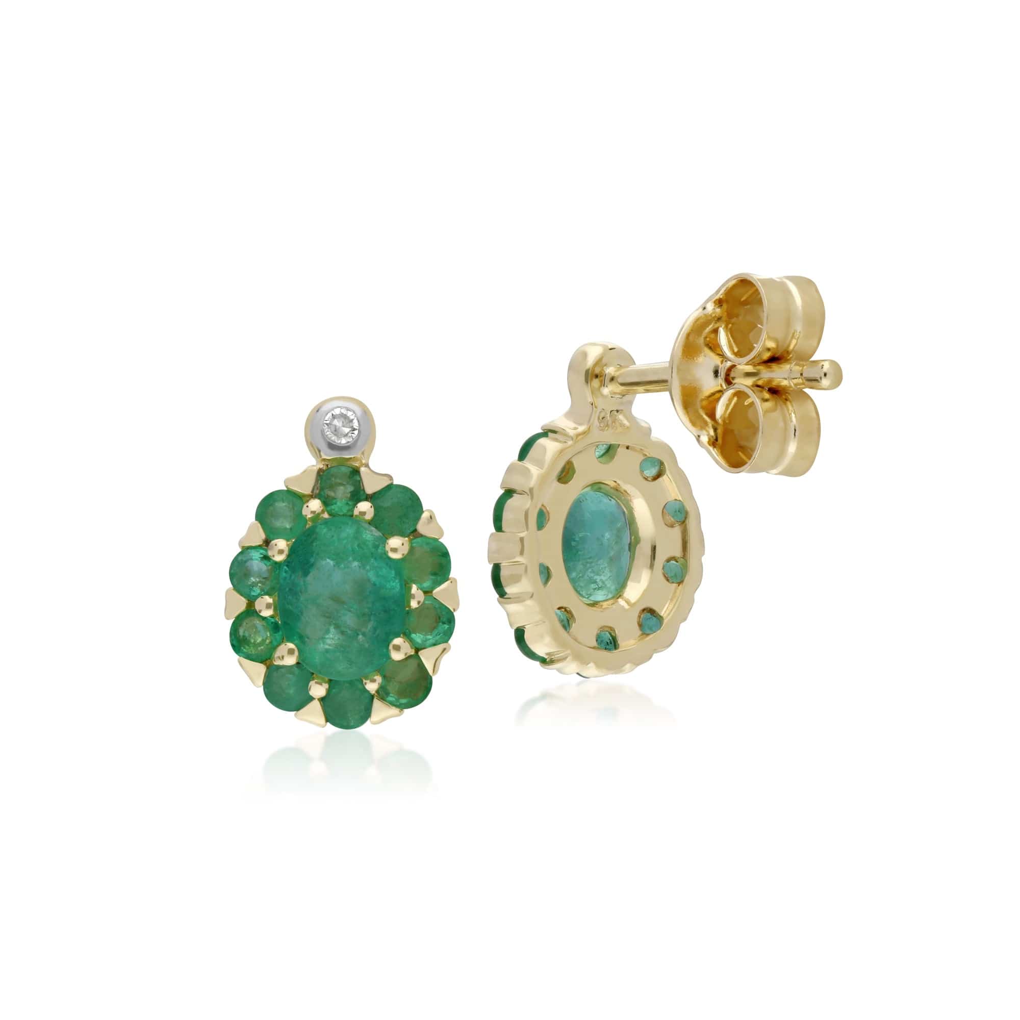 135E1572039 Gemondo 9ct Yellow Gold Emerald & Diamond Oval Cluster Stud Earrings 2