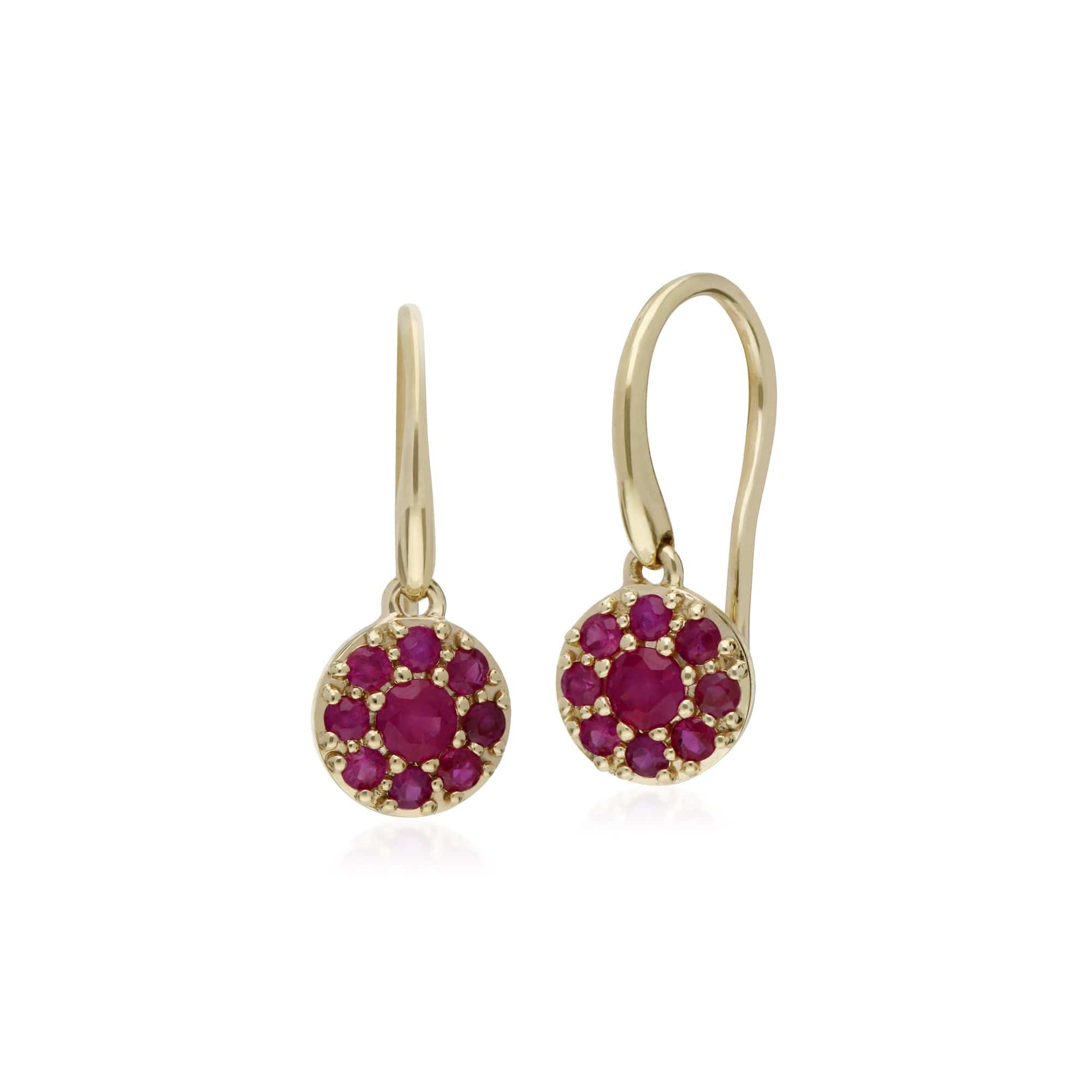 Cluster Round Ruby Circle Fish Hook Drop Earrings in 9ct Yellow Gold - Gemondo