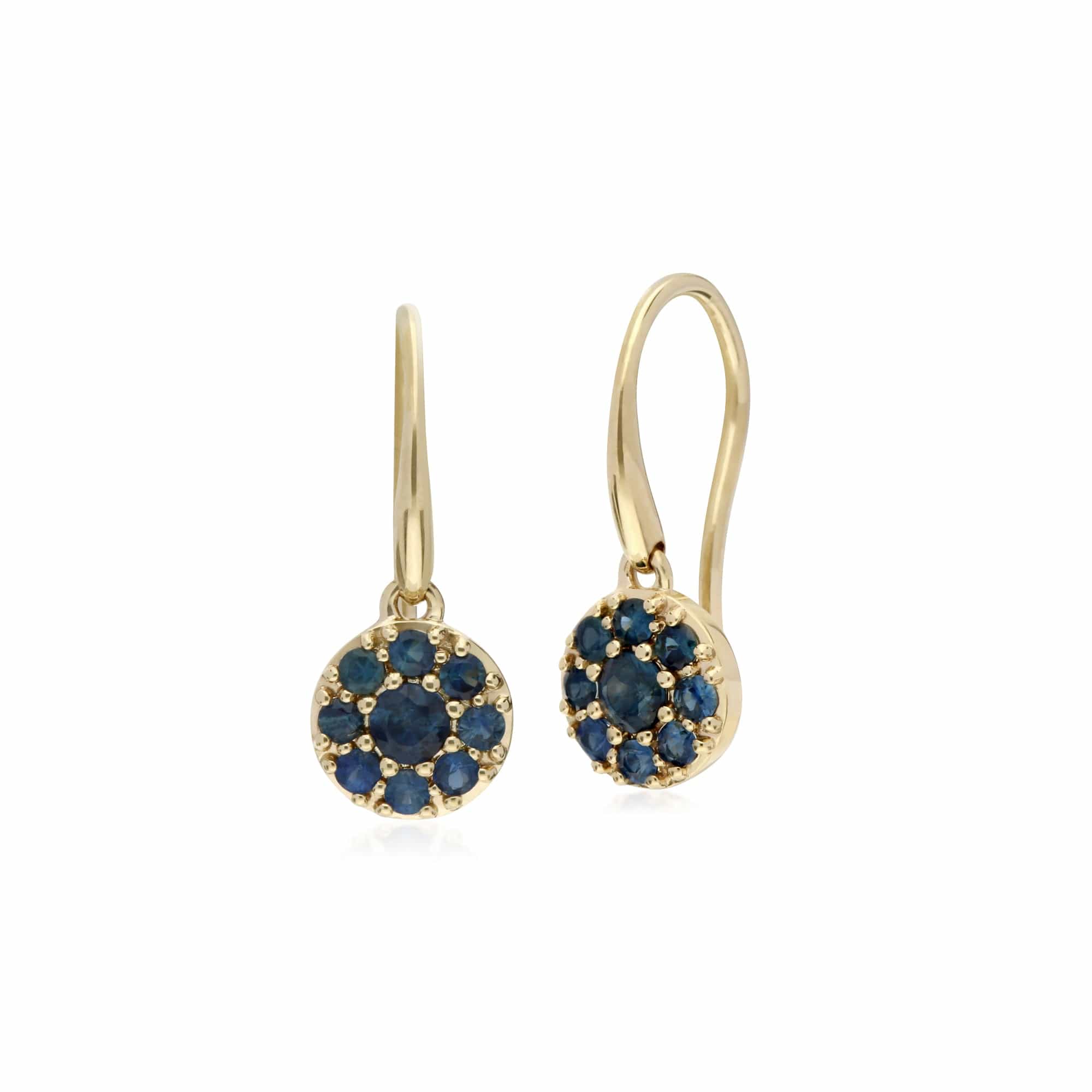 Cluster Round Sapphire Circle Fish Hook Drop Earrings in 9ct Yellow Gold - Gemondo