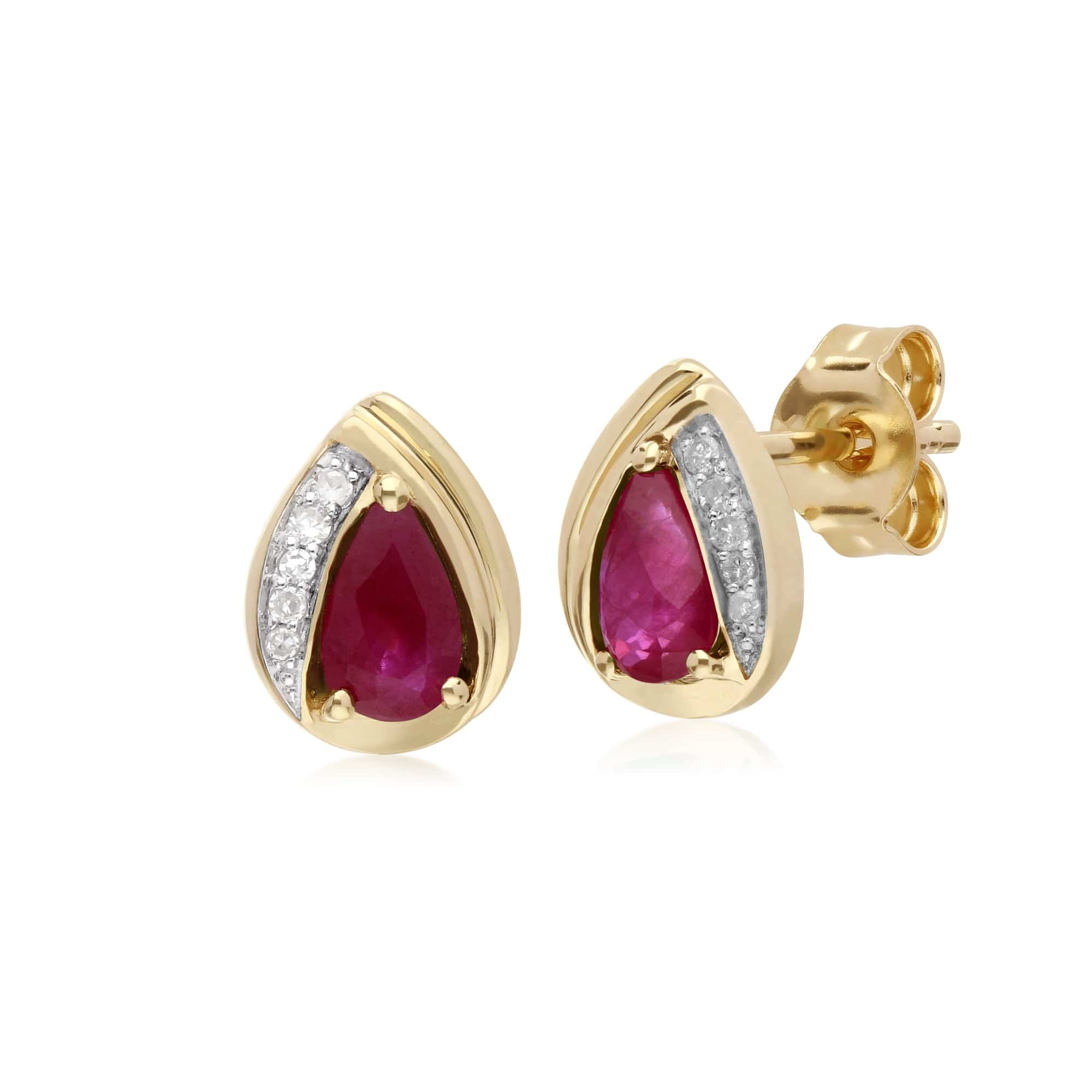 Classic Pear Ruby & Diamond Tear Drop Stud Earrings in 9ct Yellow Gold - Gemondo