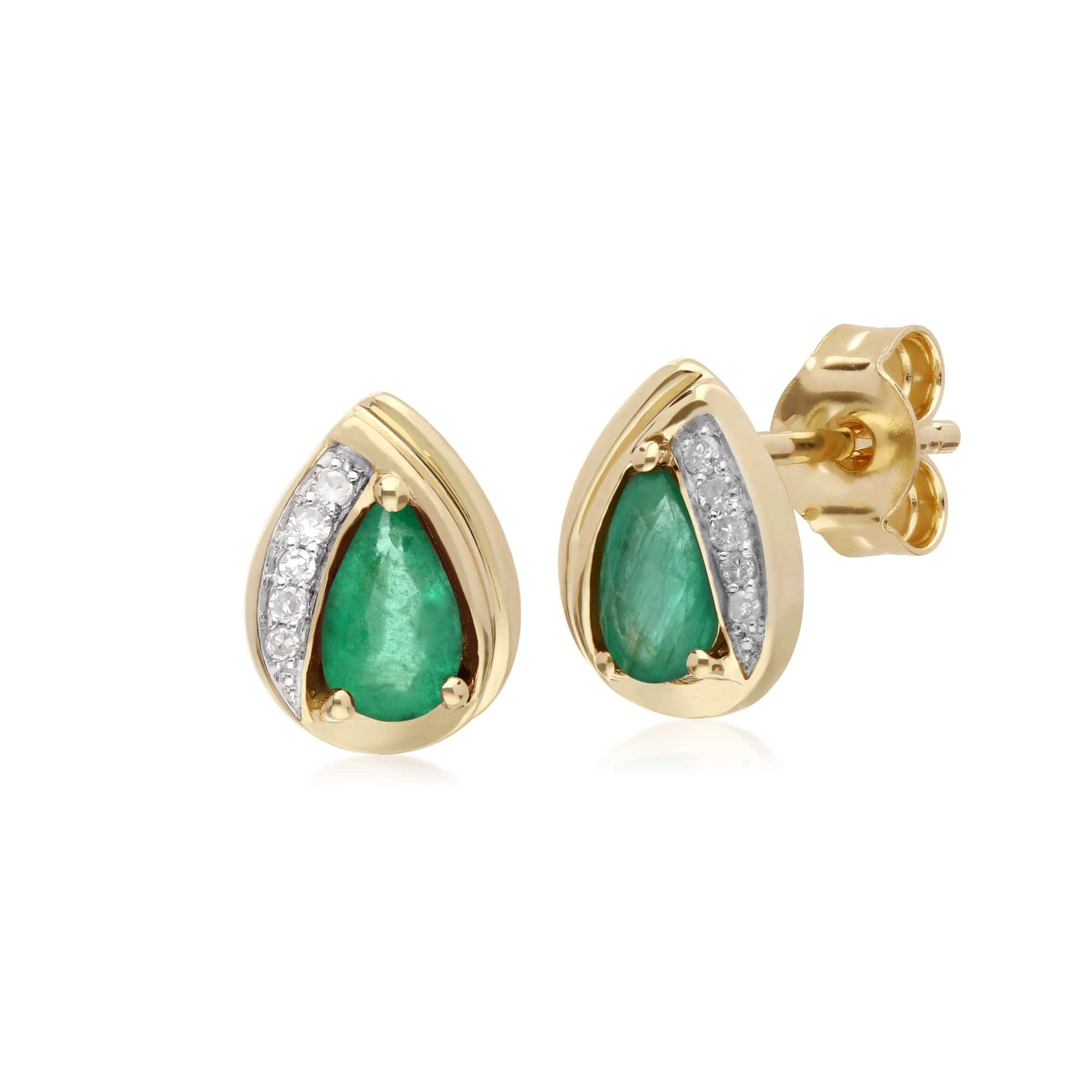 Classic Pear Emerald & Diamond Tear Drop Stud Earrings in 9ct Yellow Gold - Gemondo