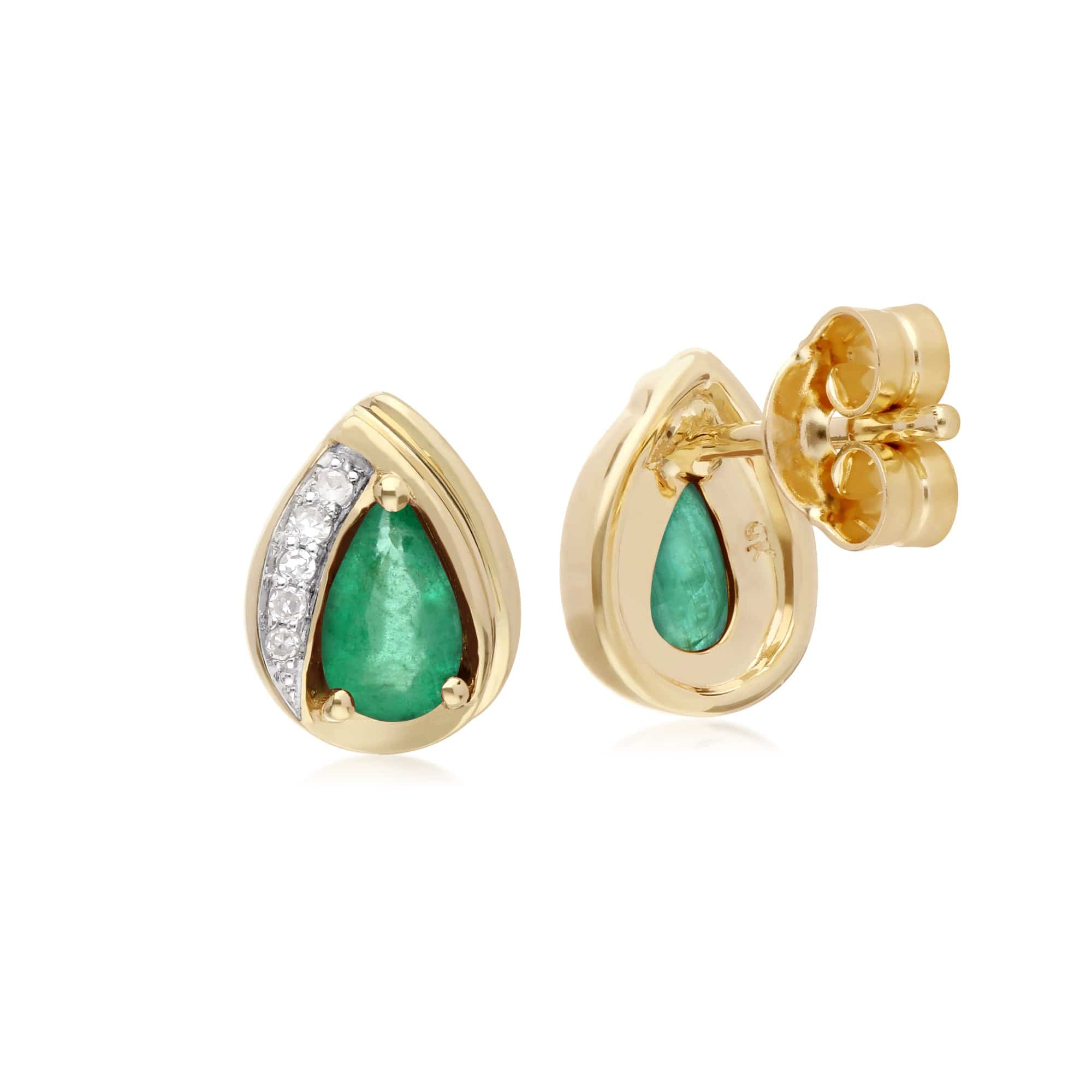 Classic Pear Emerald & Diamond Tear Drop Stud Earrings in 9ct Yellow Gold - Gemondo